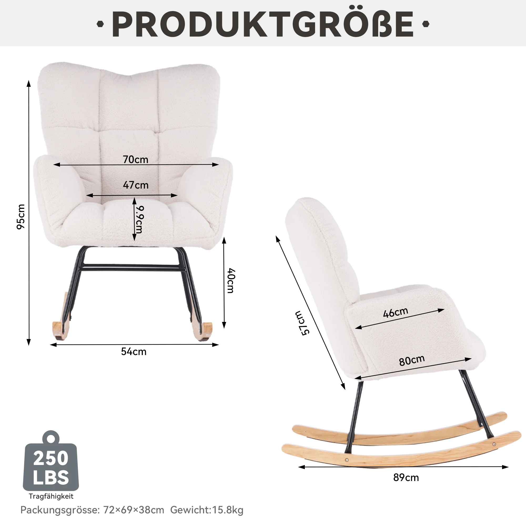 Mid Century Modern Rocking Chair with Tufted Cover, Padded Seat, White - Image 2