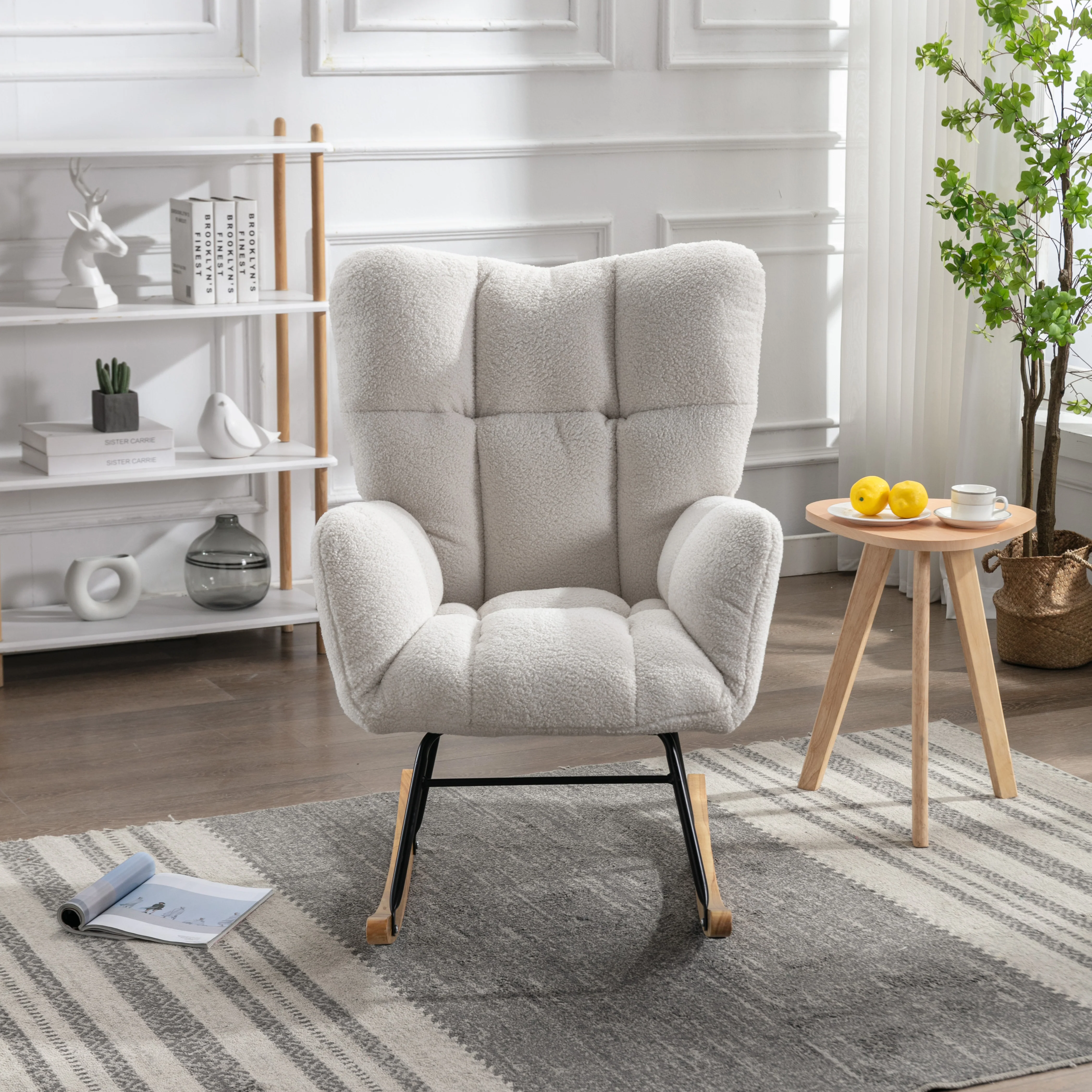 Mid Century Modern Rocking Chair with Tufted Cover, Padded Seat, White - Image 8