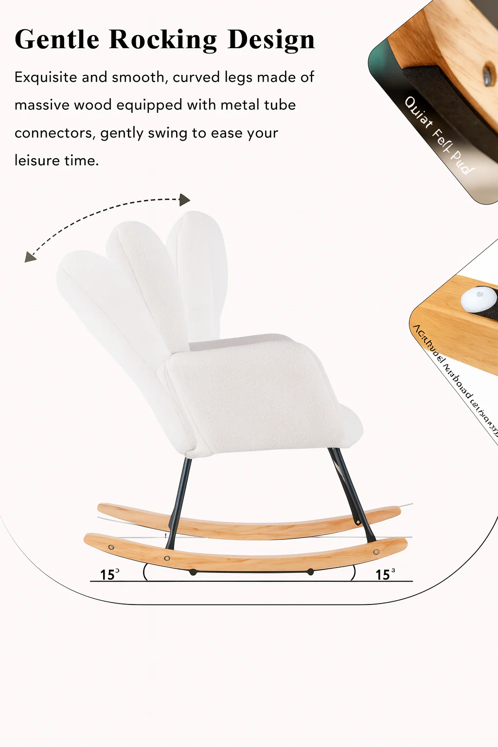 Mid Century Modern Rocking Chair with Tufted Cover, Padded Seat, White - Image 9