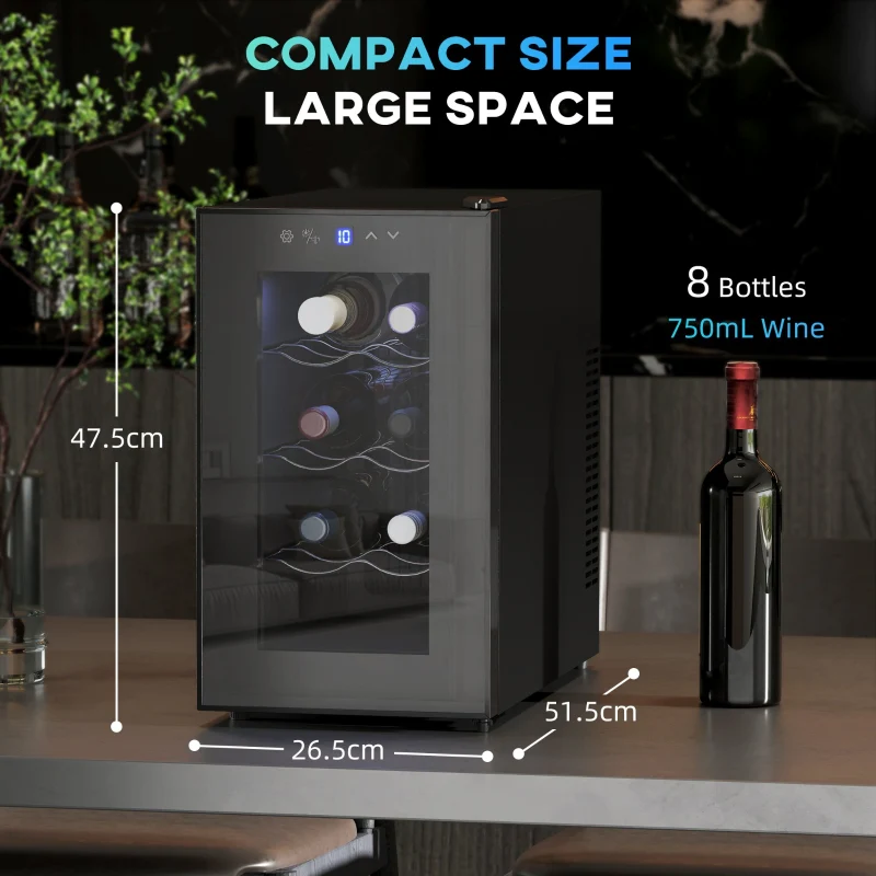 Mini Table Top Wine Fridge, 8 Bottle 17L, 8-18℃ Quiet, Glass Door LED Light Digital Touch Screen - Image 3