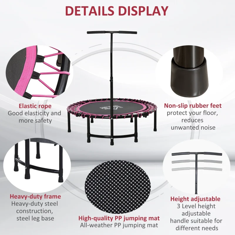 Mini Trampoline with Adjustable Handle, Round Steel Frame, Pink - Image 6