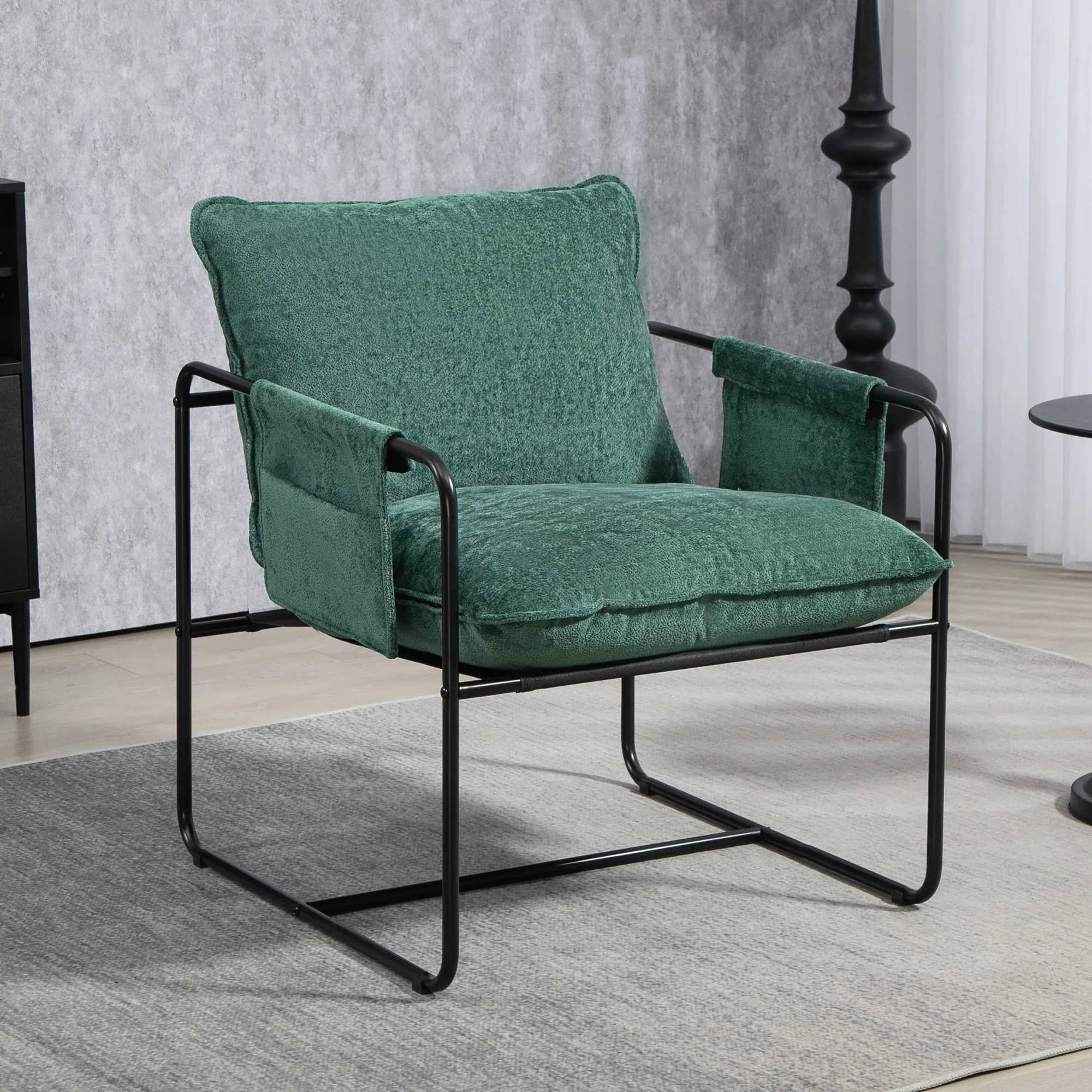 Minimal Accent Chair with Pockets, Padded Green Chenille