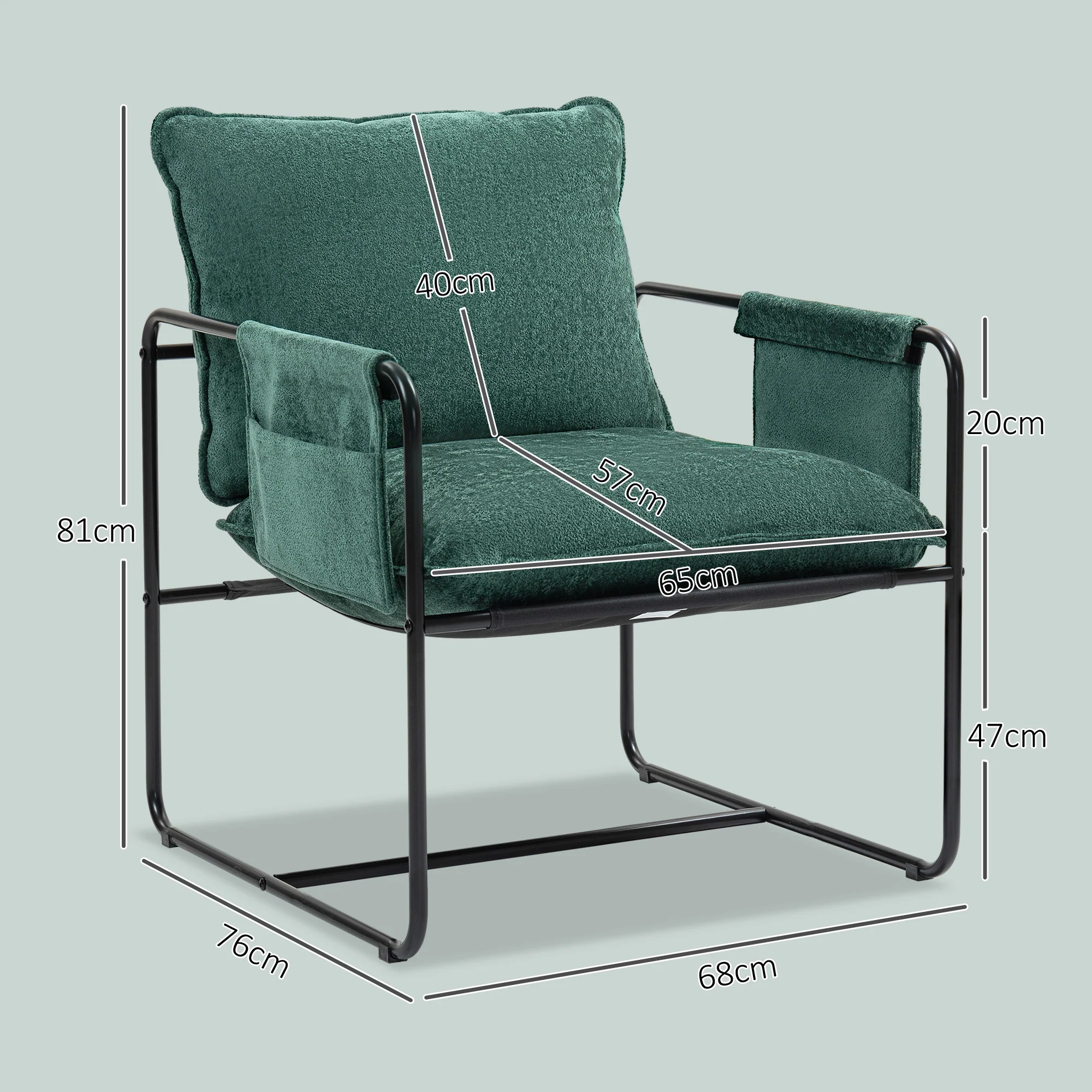 Minimal Accent Chair with Pockets, Padded Green Chenille - Image 3