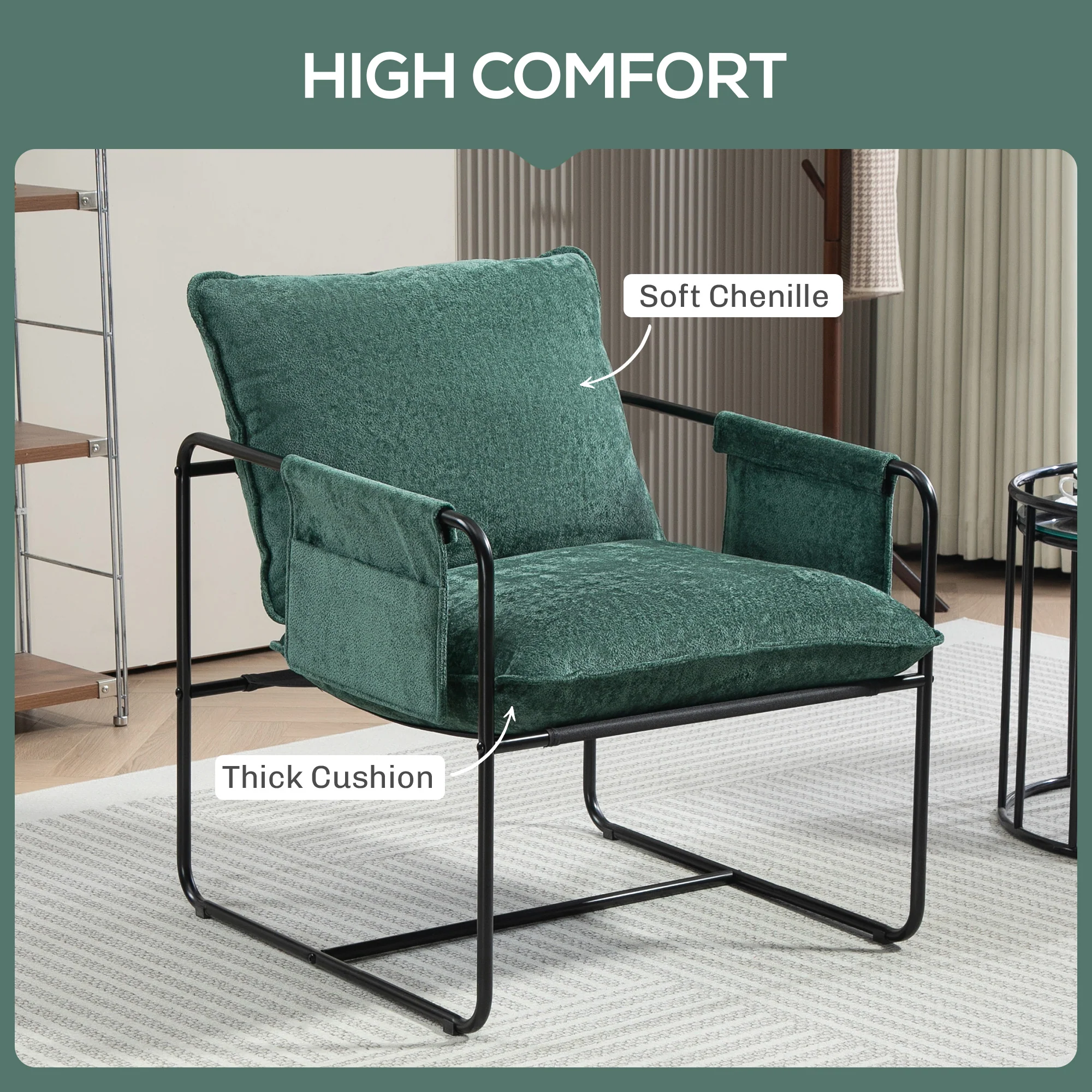 Minimal Accent Chair with Pockets, Padded Green Chenille - Image 4