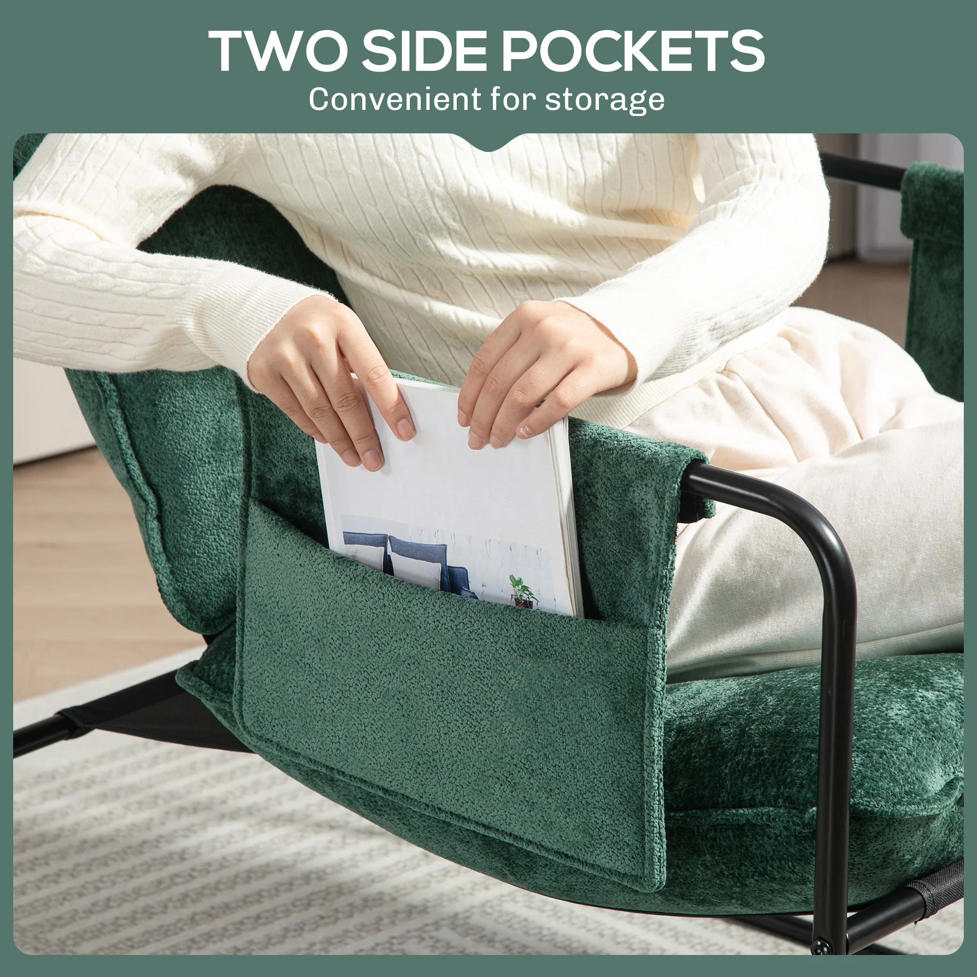 Minimal Accent Chair with Pockets, Padded Green Chenille - Image 5
