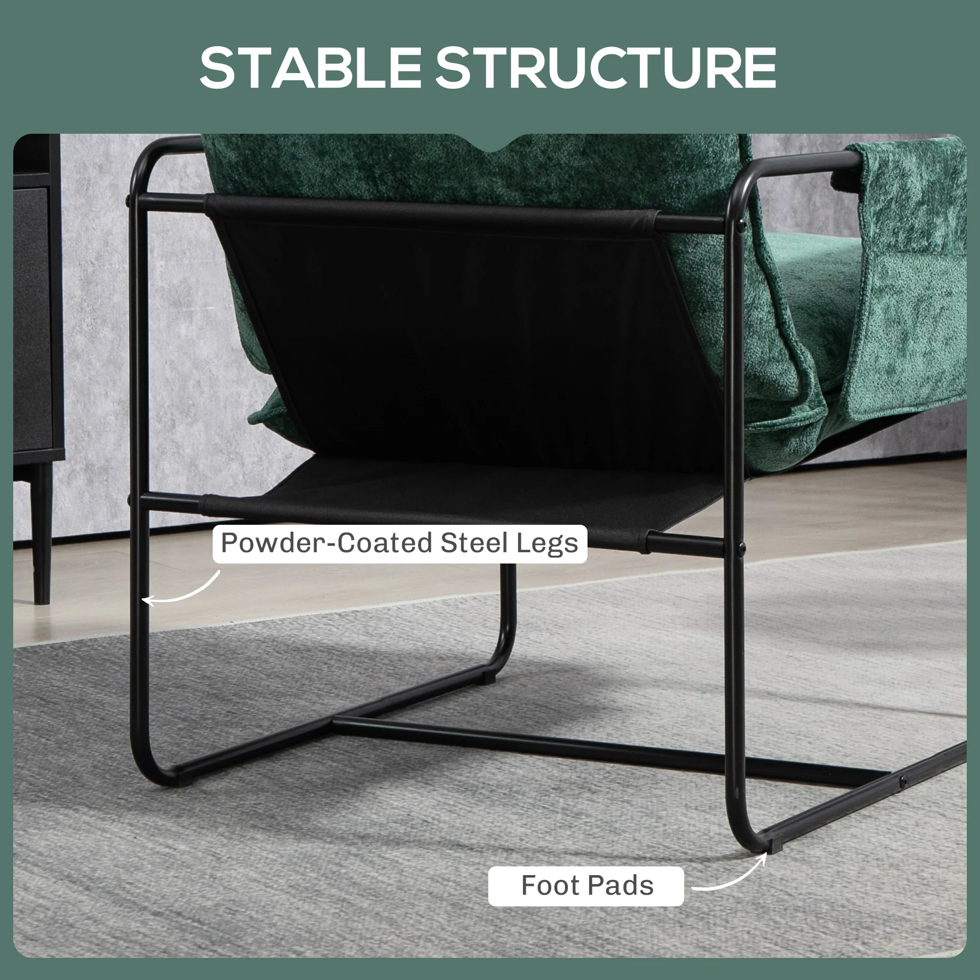 Minimal Accent Chair with Pockets, Padded Green Chenille - Image 6