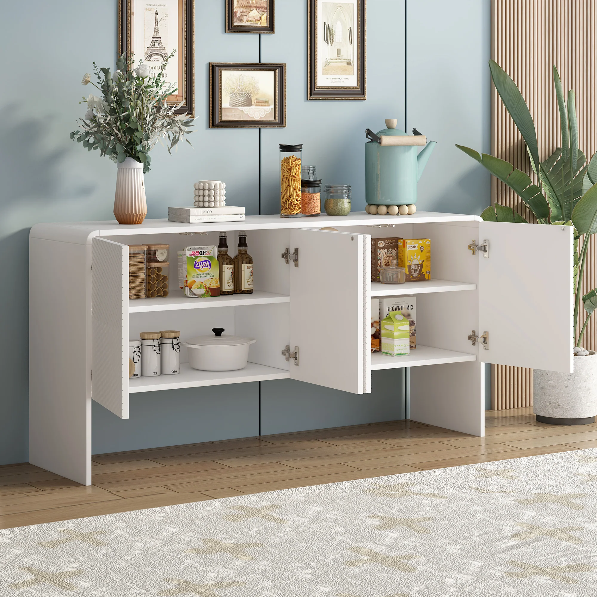Minimalist Storage Sideboard with 4 Doors and Reclining Mechanism, White - Image 2