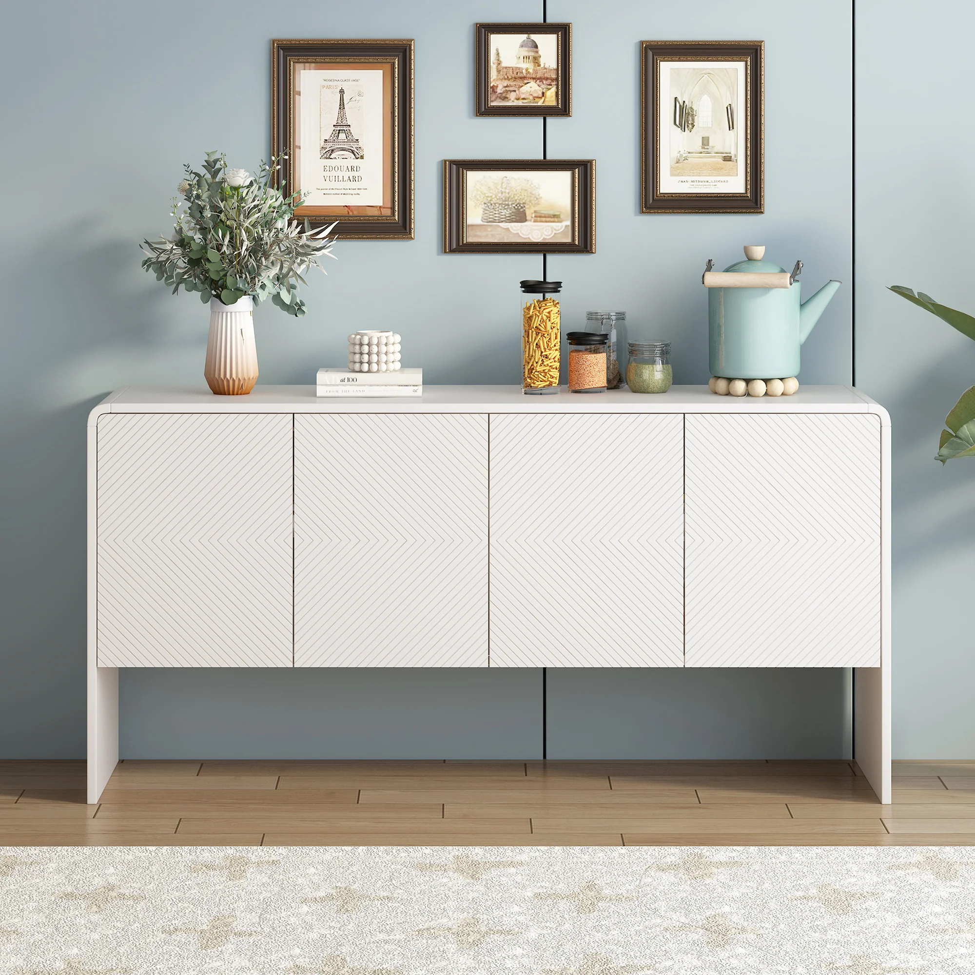 Minimalist Storage Sideboard with 4 Doors and Reclining Mechanism, White - Image 3
