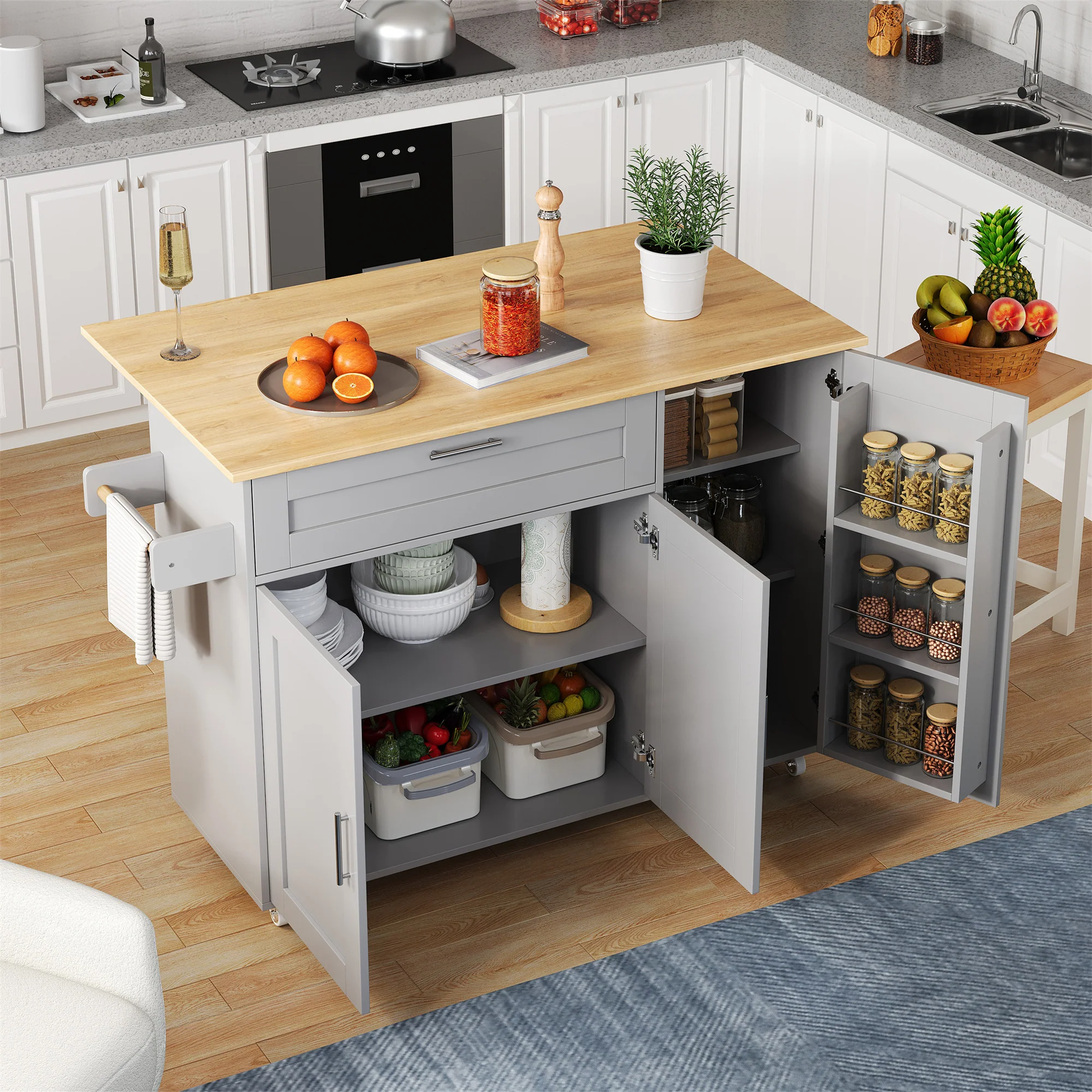 Mobile Kitchen Table Folding Top Storage Wheels - Oak Grain