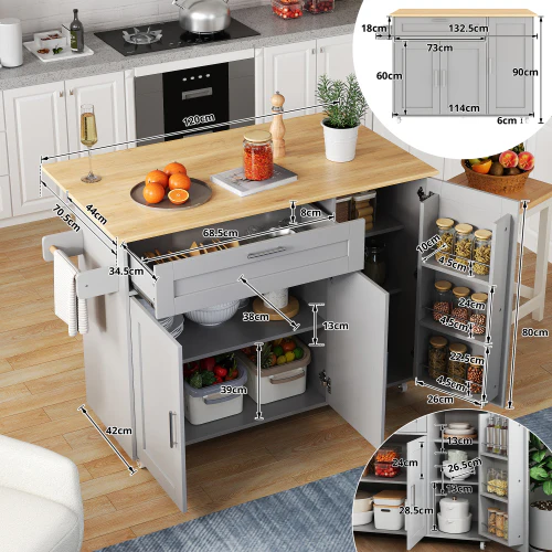 Mobile Kitchen Table Folding Top Storage Wheels - Oak Grain - Image 11