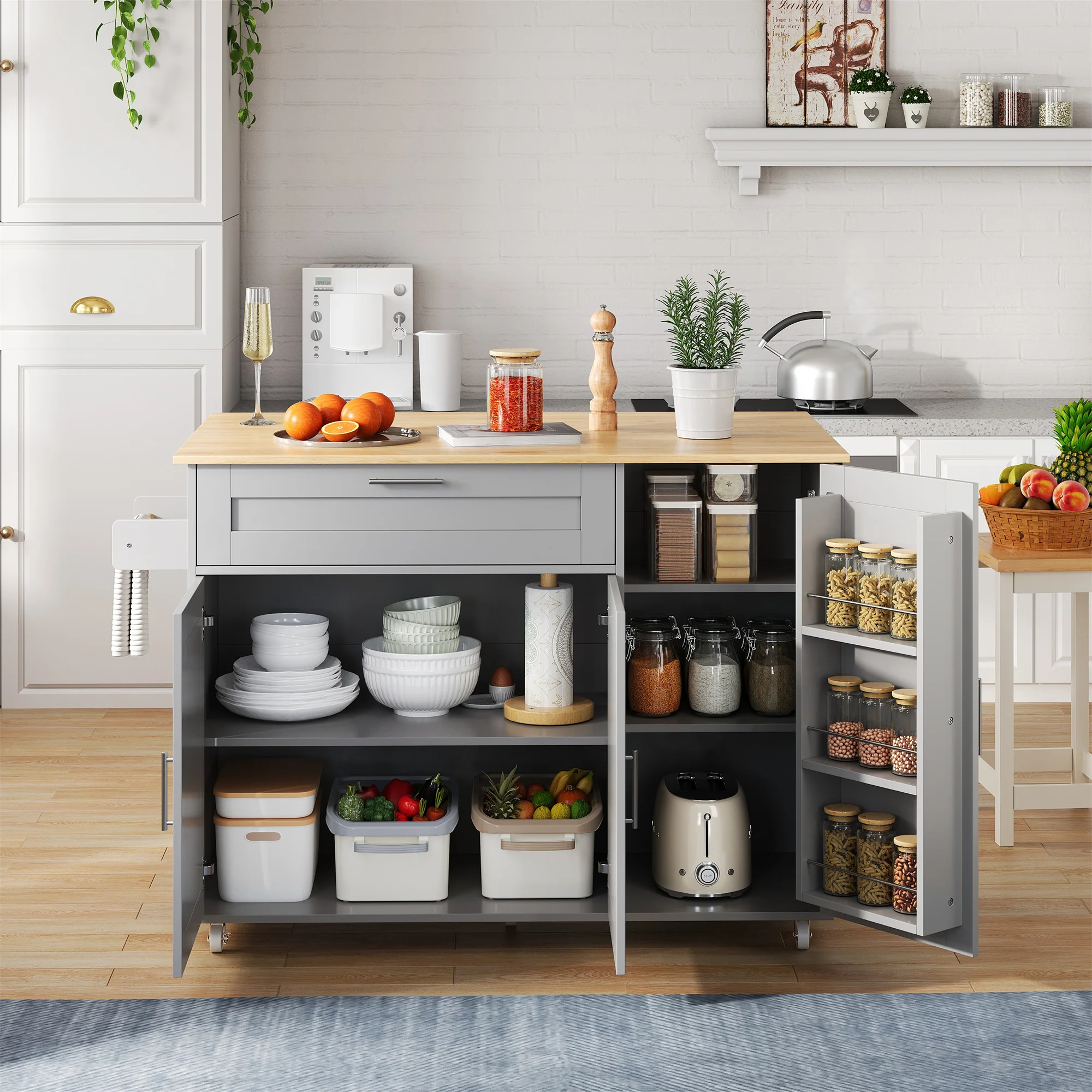 Mobile Kitchen Table Folding Top Storage Wheels - Oak Grain - Image 2