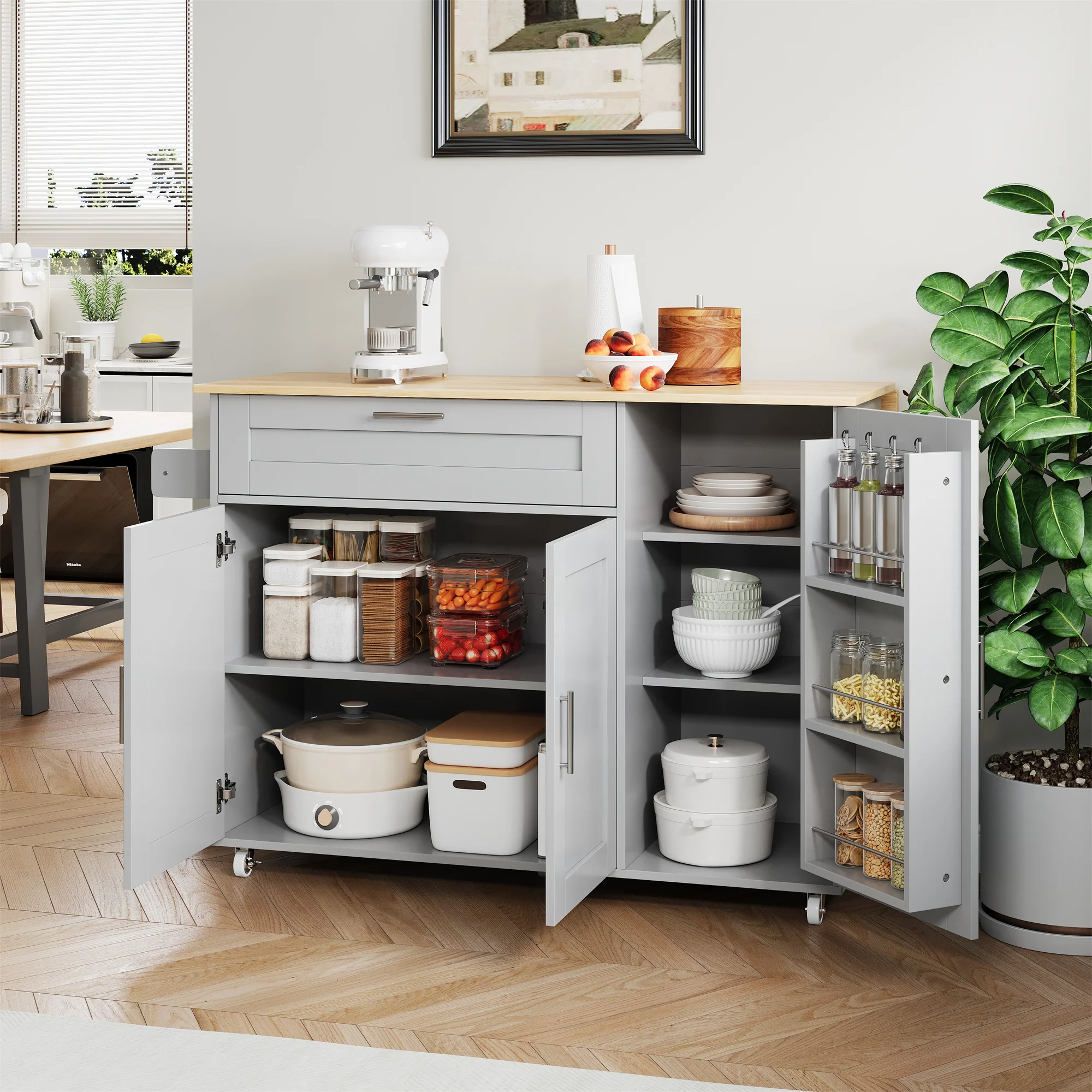 Mobile Kitchen Table Folding Top Storage Wheels - Oak Grain - Image 3