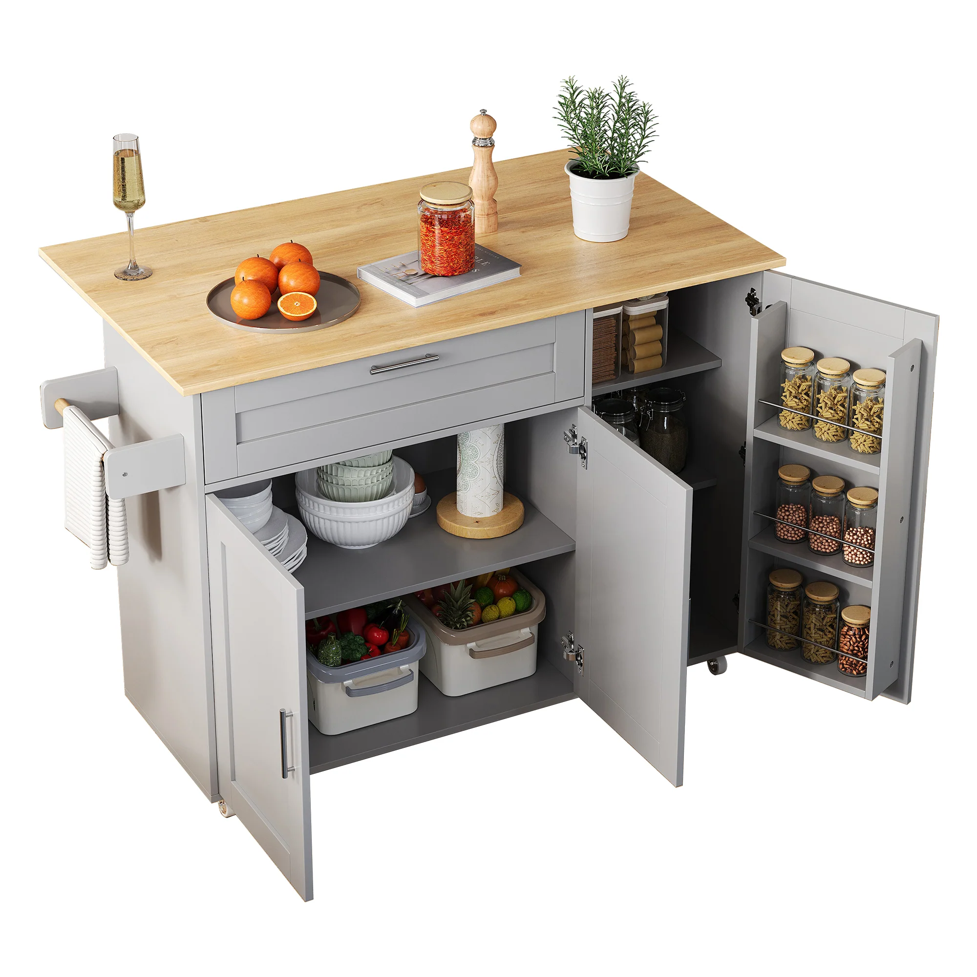 Mobile Kitchen Table Folding Top Storage Wheels - Oak Grain - Image 4