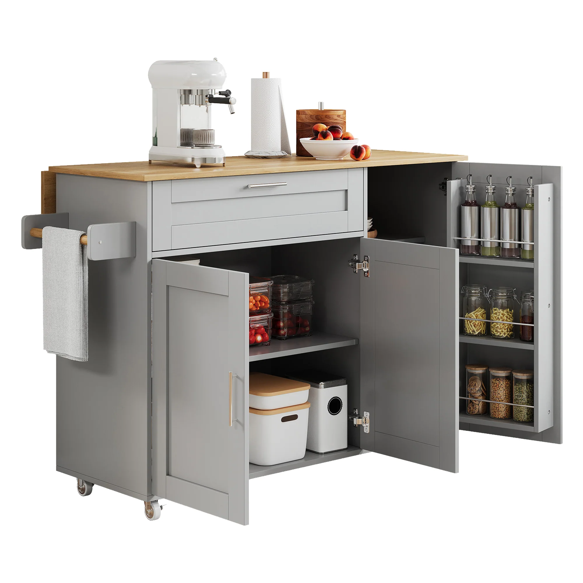 Mobile Kitchen Table Folding Top Storage Wheels - Oak Grain - Image 6