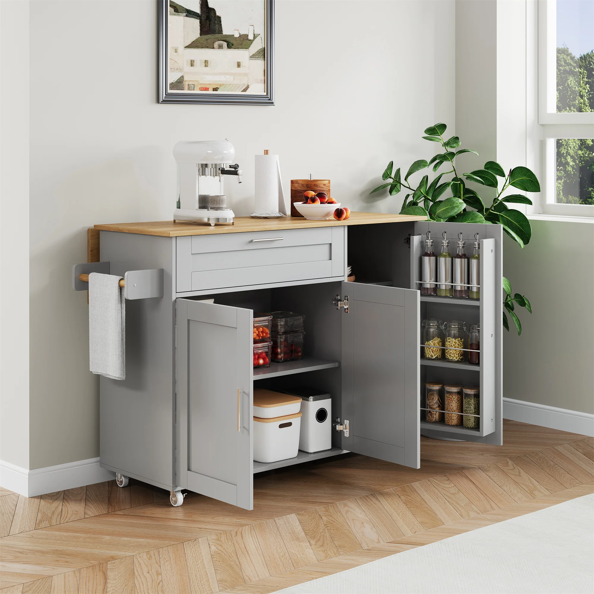 Mobile Kitchen Table Folding Top Storage Wheels - Oak Grain - Image 7