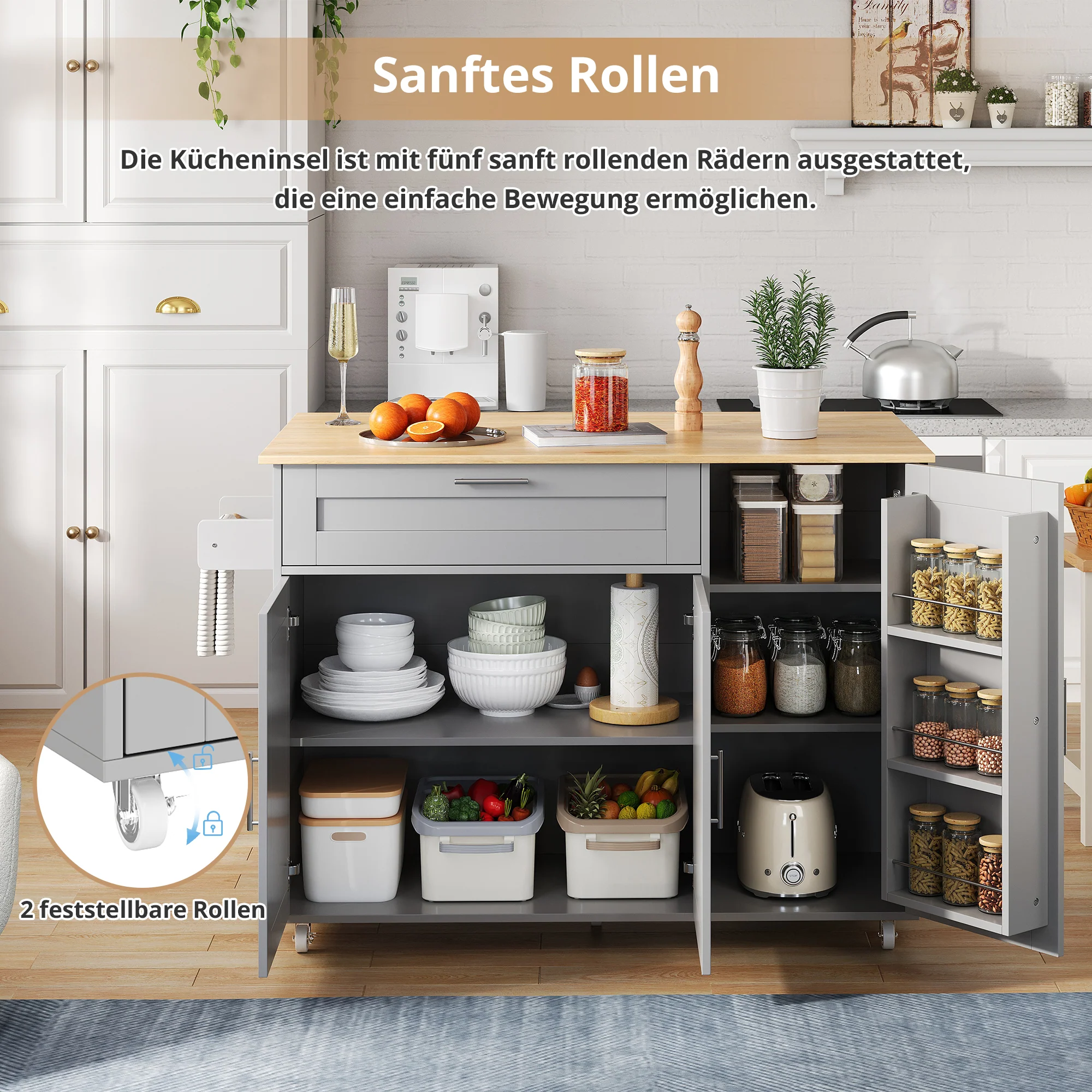 Mobile Kitchen Table Folding Top Storage Wheels - Oak Grain - Image 9