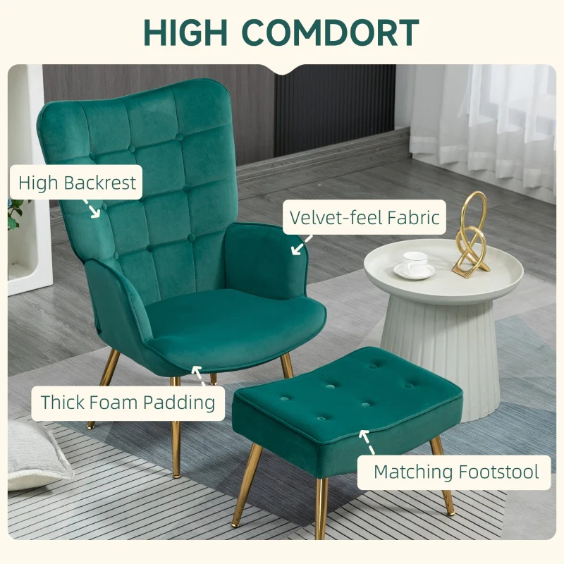 Modern Armchair with Footstool, Velvet Upholstered Wingback with Steel Legs, Dark Green
