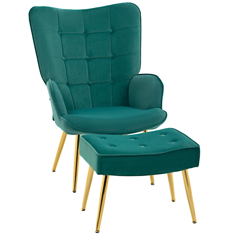 Modern Armchair with Footstool, Velvet Upholstered Wingback with Steel Legs, Dark Green - Image 2