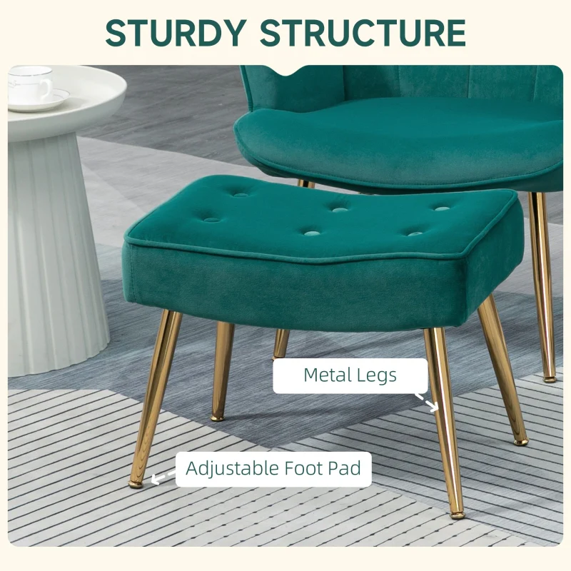 Modern Armchair with Footstool, Velvet Upholstered Wingback with Steel Legs, Dark Green - Image 3