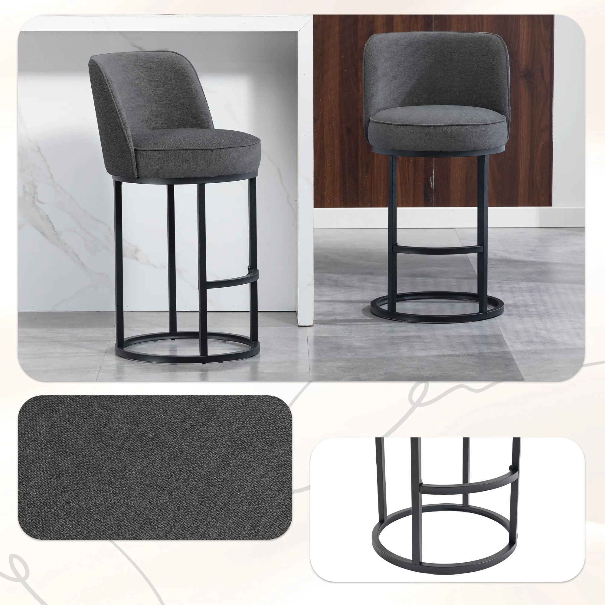 Modern Bar Stools Duo Set with Upholstered Seat and Metal Legs, Linen Upholstery