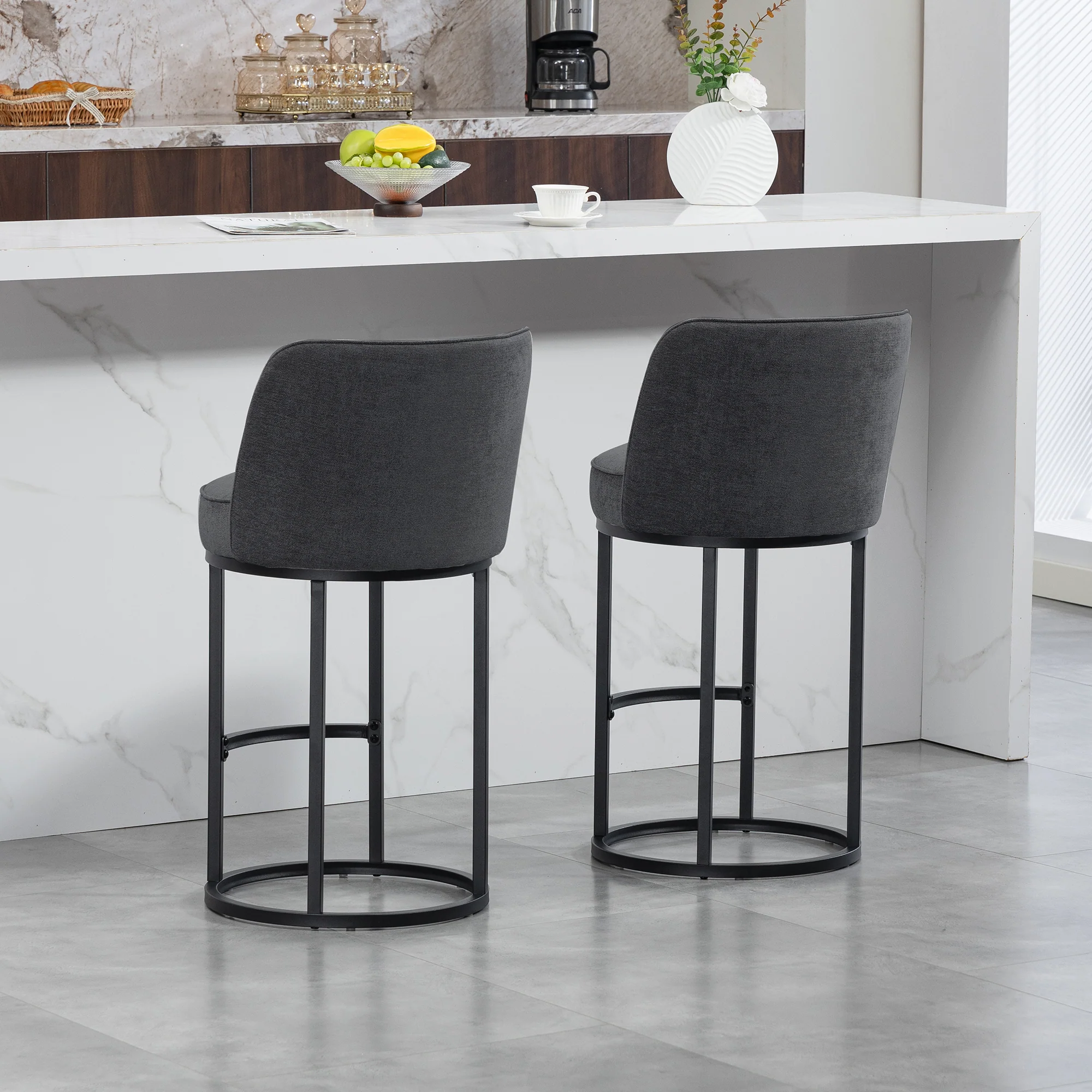 Modern Bar Stools Duo Set with Upholstered Seat and Metal Legs, Linen Upholstery - Image 10