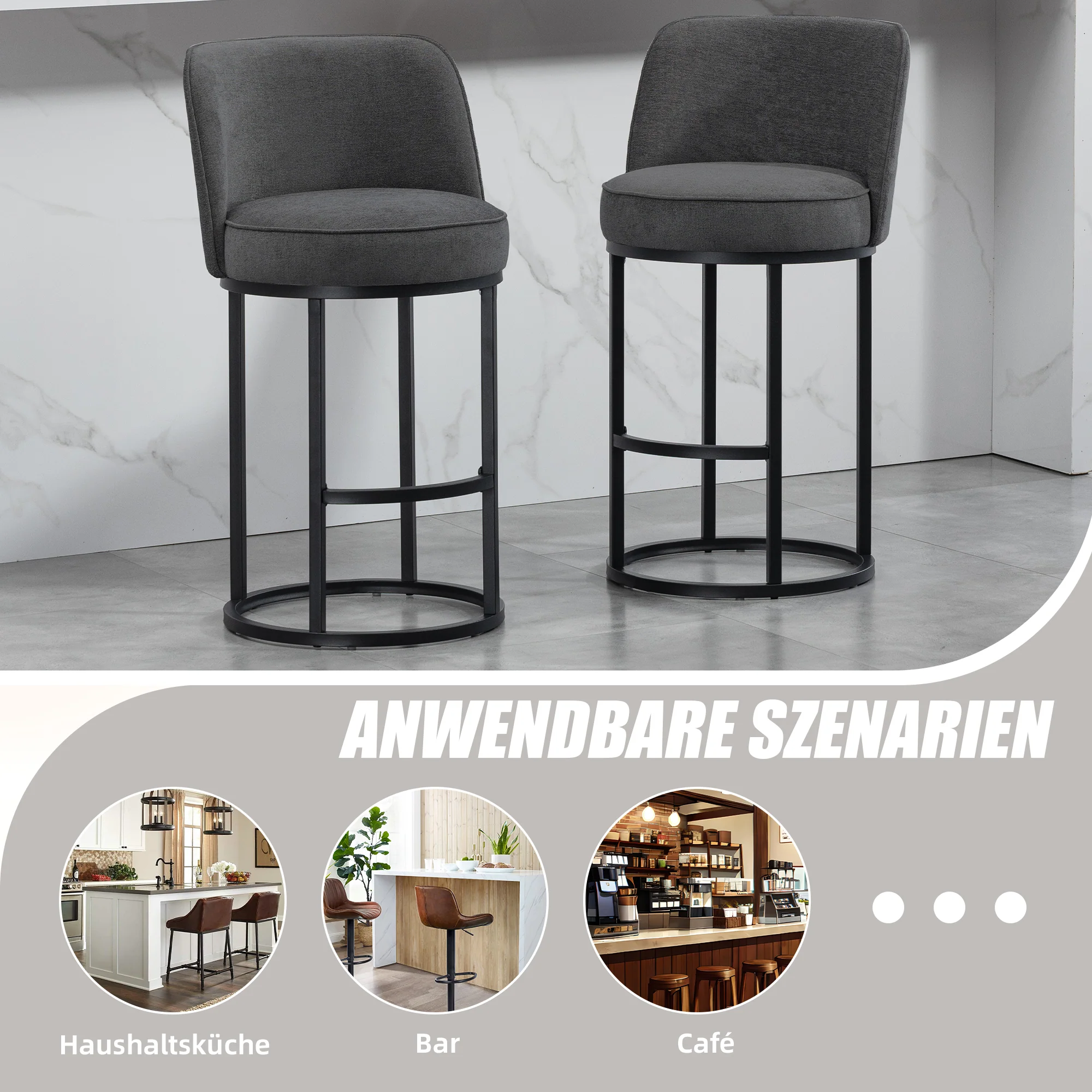 Modern Bar Stools Duo Set with Upholstered Seat and Metal Legs, Linen Upholstery - Image 6