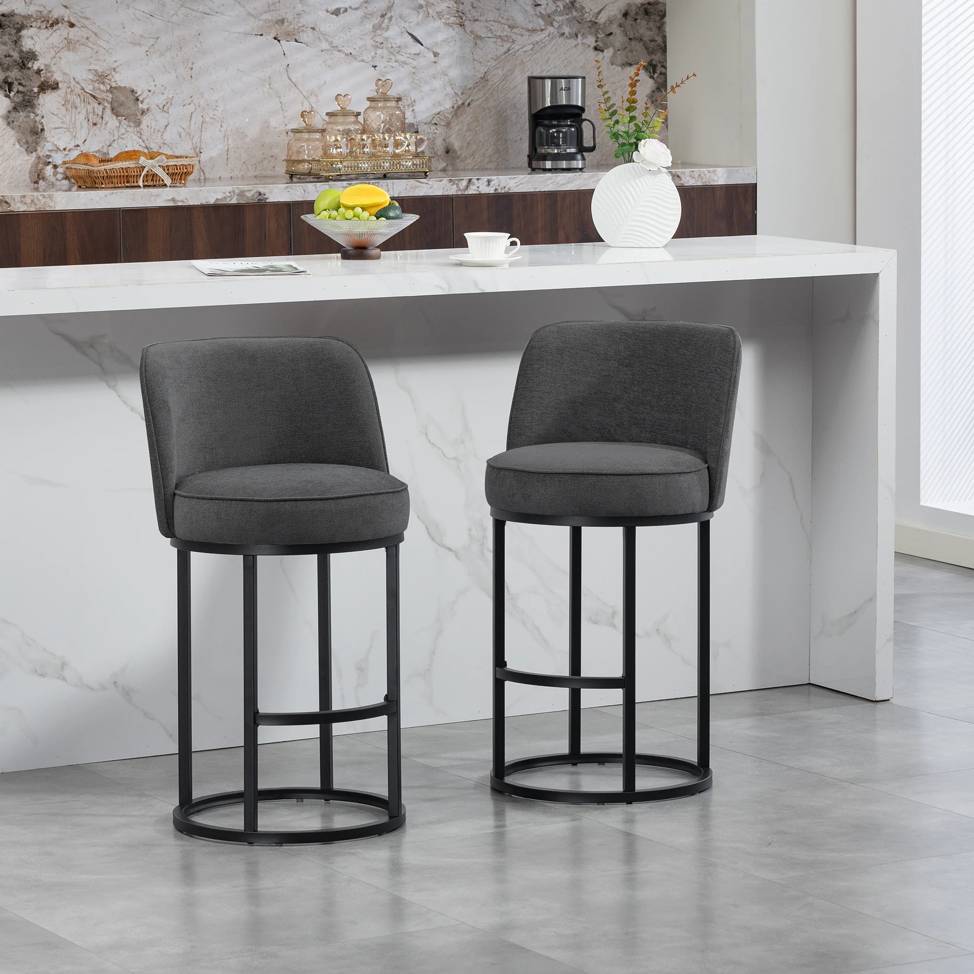 Modern Bar Stools Duo Set with Upholstered Seat and Metal Legs, Linen Upholstery - Image 8