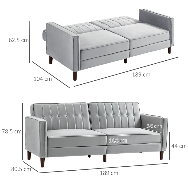 Modern Convertible Sofa Futon Adjustable Split Back, Light Grey Velvet-Touch - Image 3
