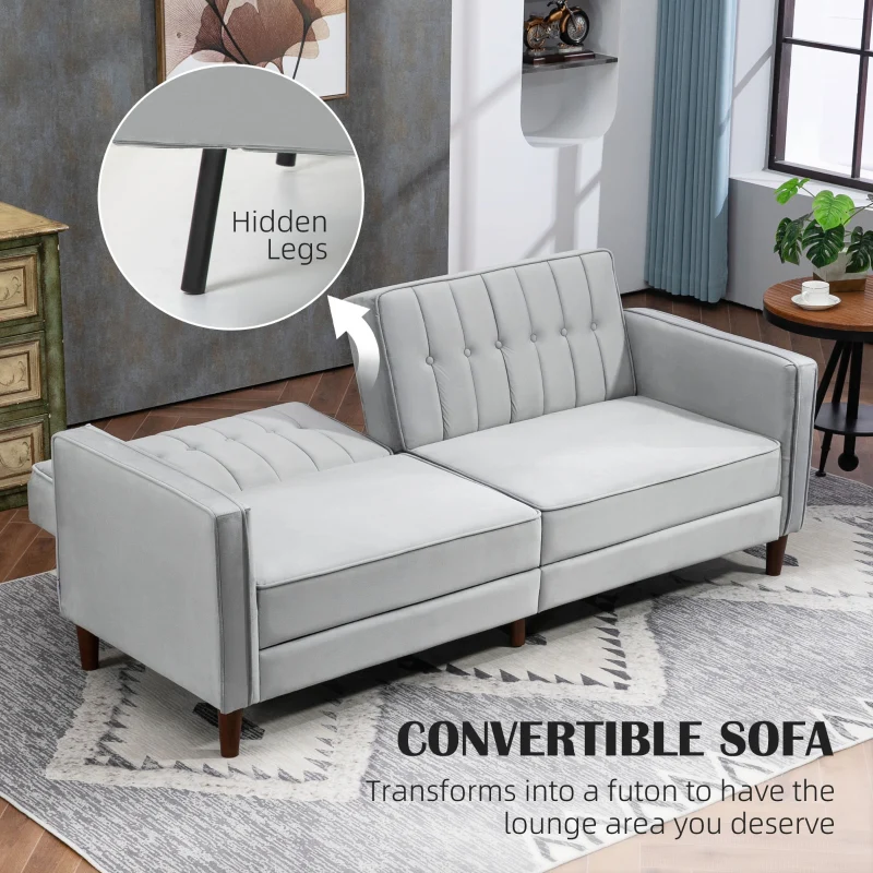 Modern Convertible Sofa Futon Adjustable Split Back, Light Grey Velvet-Touch - Image 4