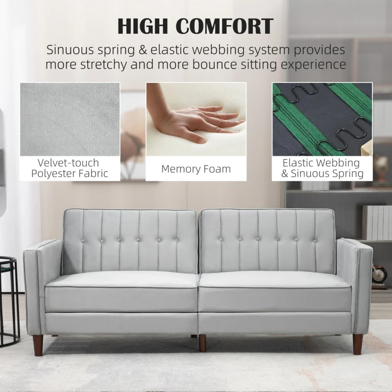 Modern Convertible Sofa Futon Adjustable Split Back, Light Grey Velvet-Touch - Image 6