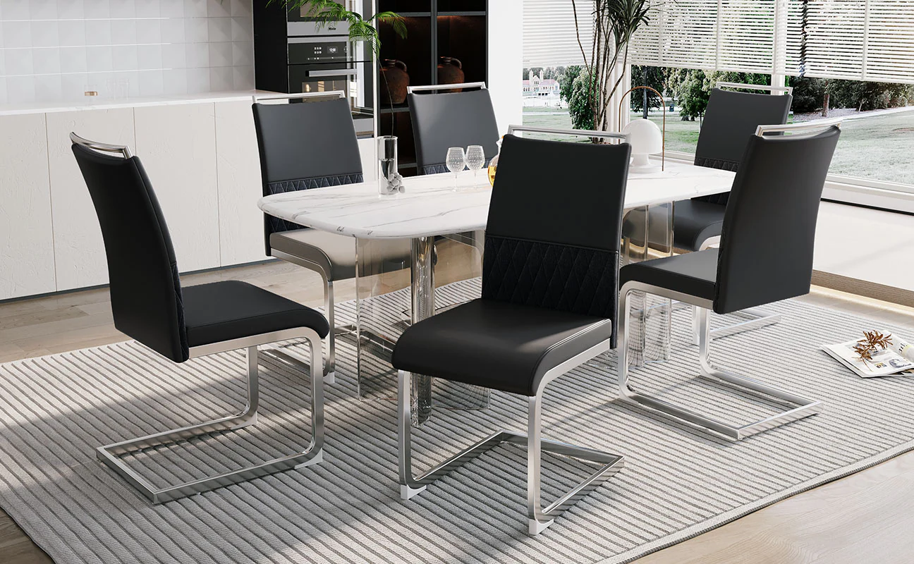 Modern Dining Chairs Set of 6 High Back Upholstered Side Chair Black PU Faux Leather & Linen - Image 2