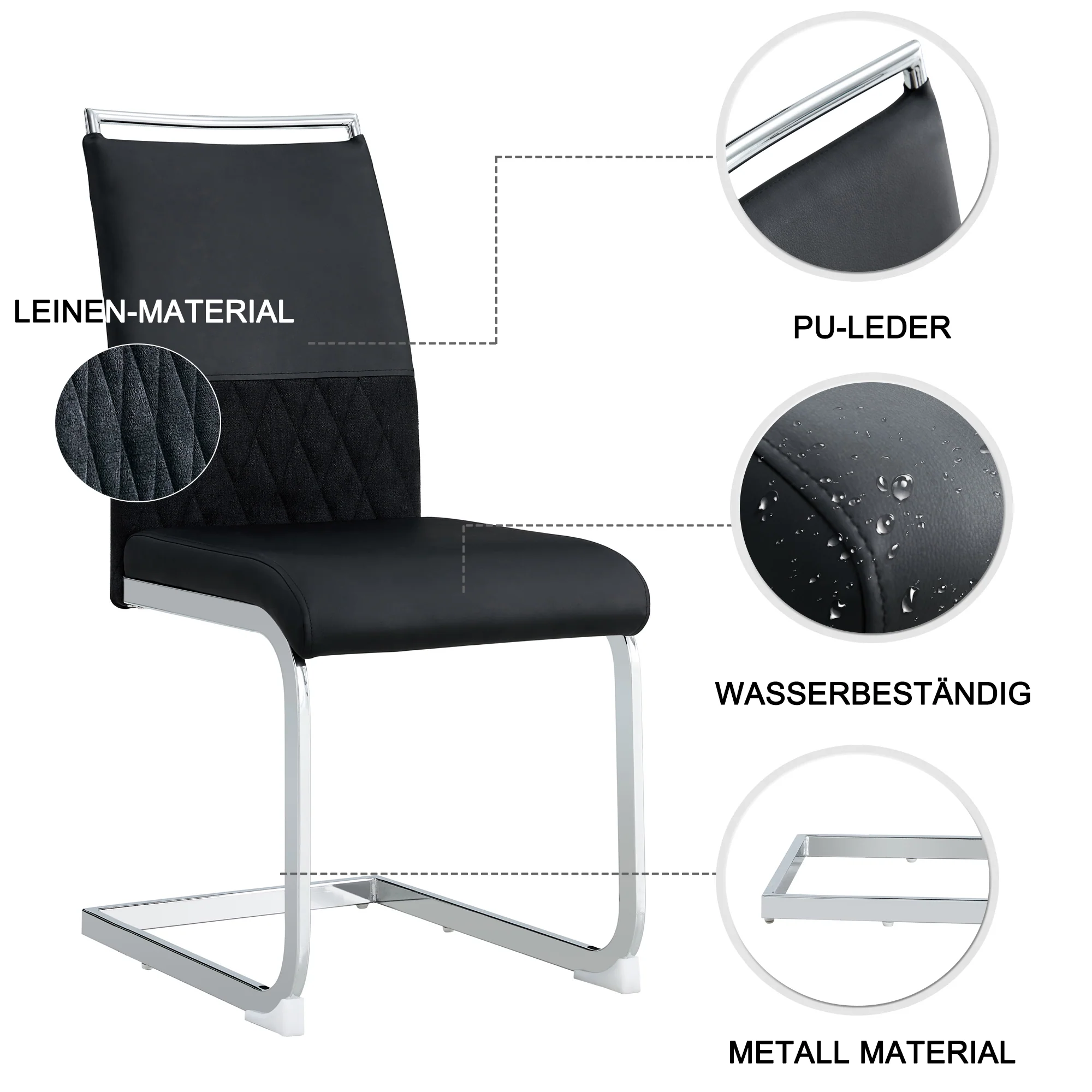 Modern Dining Chairs Set of 6 High Back Upholstered Side Chair Black PU Faux Leather & Linen - Image 6
