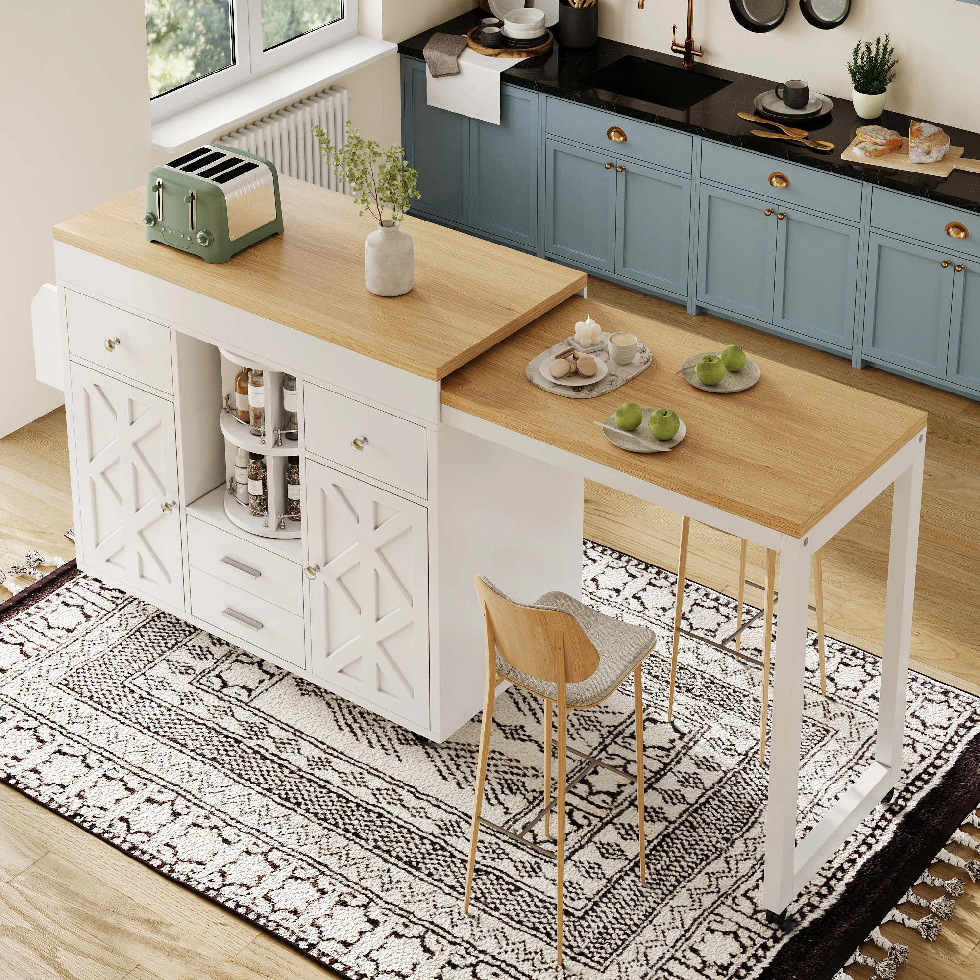 Modern Extendable Bar Table and Kitchen Trolley with Rotating Organizer and Adjustable Shelves, White - Image 4