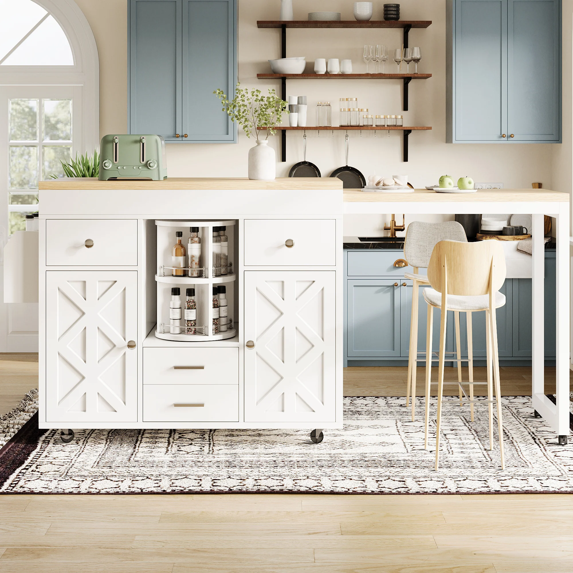 Modern Extendable Bar Table and Kitchen Trolley with Rotating Organizer and Adjustable Shelves, White - Image 5
