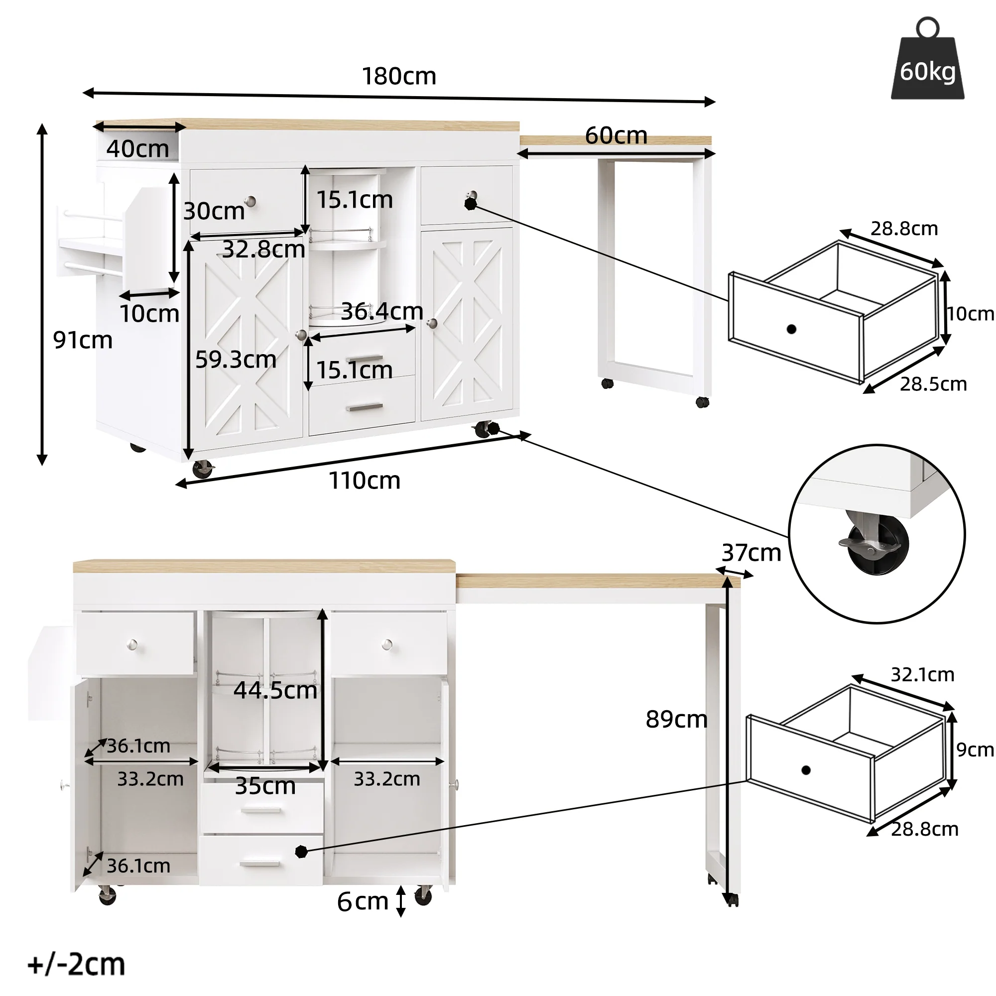 Modern Extendable Bar Table and Kitchen Trolley with Rotating Organizer and Adjustable Shelves, White - Image 6