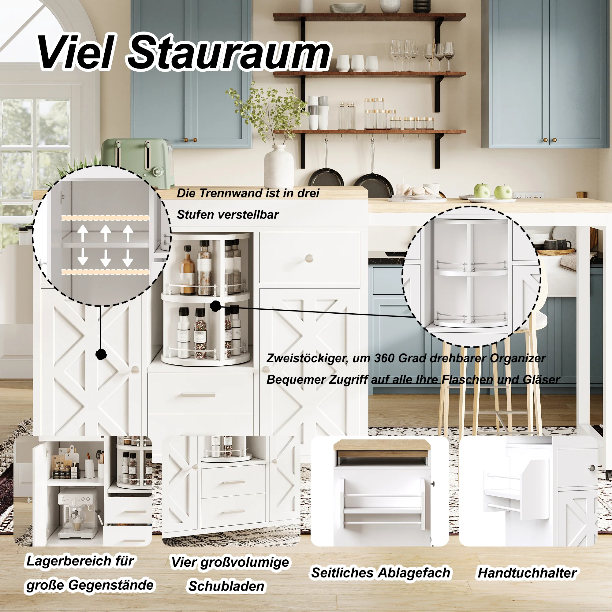 Modern Extendable Bar Table and Kitchen Trolley with Rotating Organizer and Adjustable Shelves, White - Image 8