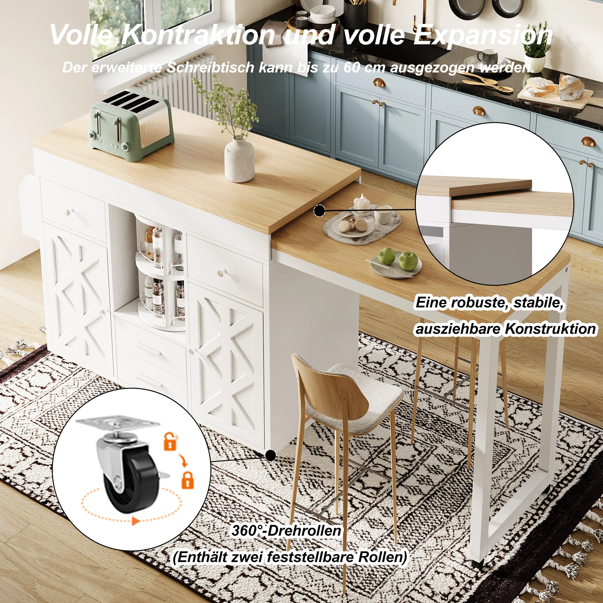 Modern Extendable Bar Table and Kitchen Trolley with Rotating Organizer and Adjustable Shelves, White - Image 9