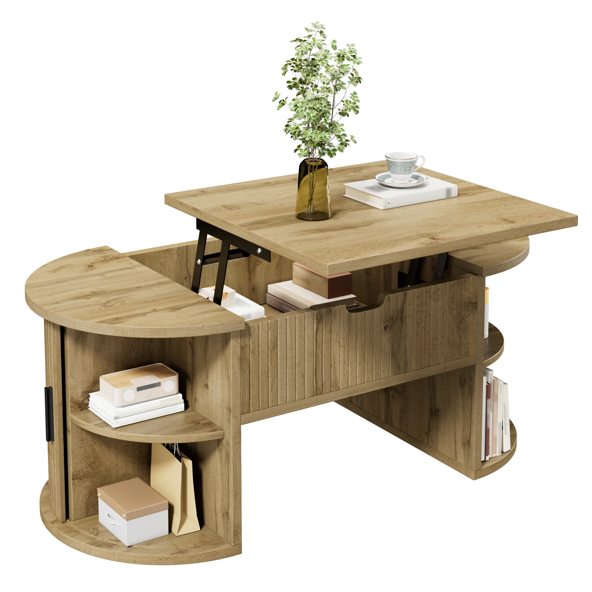 Modern Height-Adjustable Coffee Table with Hidden Storage and Sliding Doors, Wood - Image 2