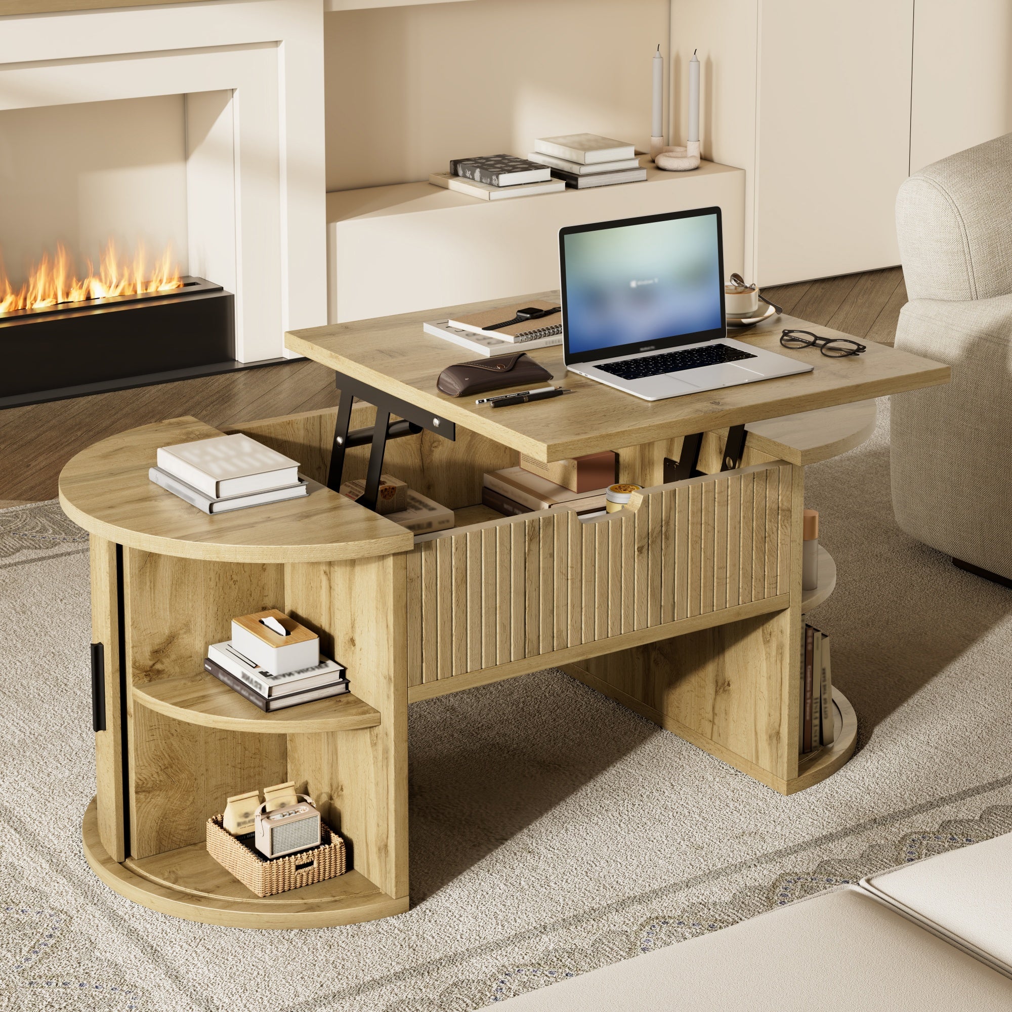Modern Height-Adjustable Coffee Table with Hidden Storage and Sliding Doors, Wood - Image 3