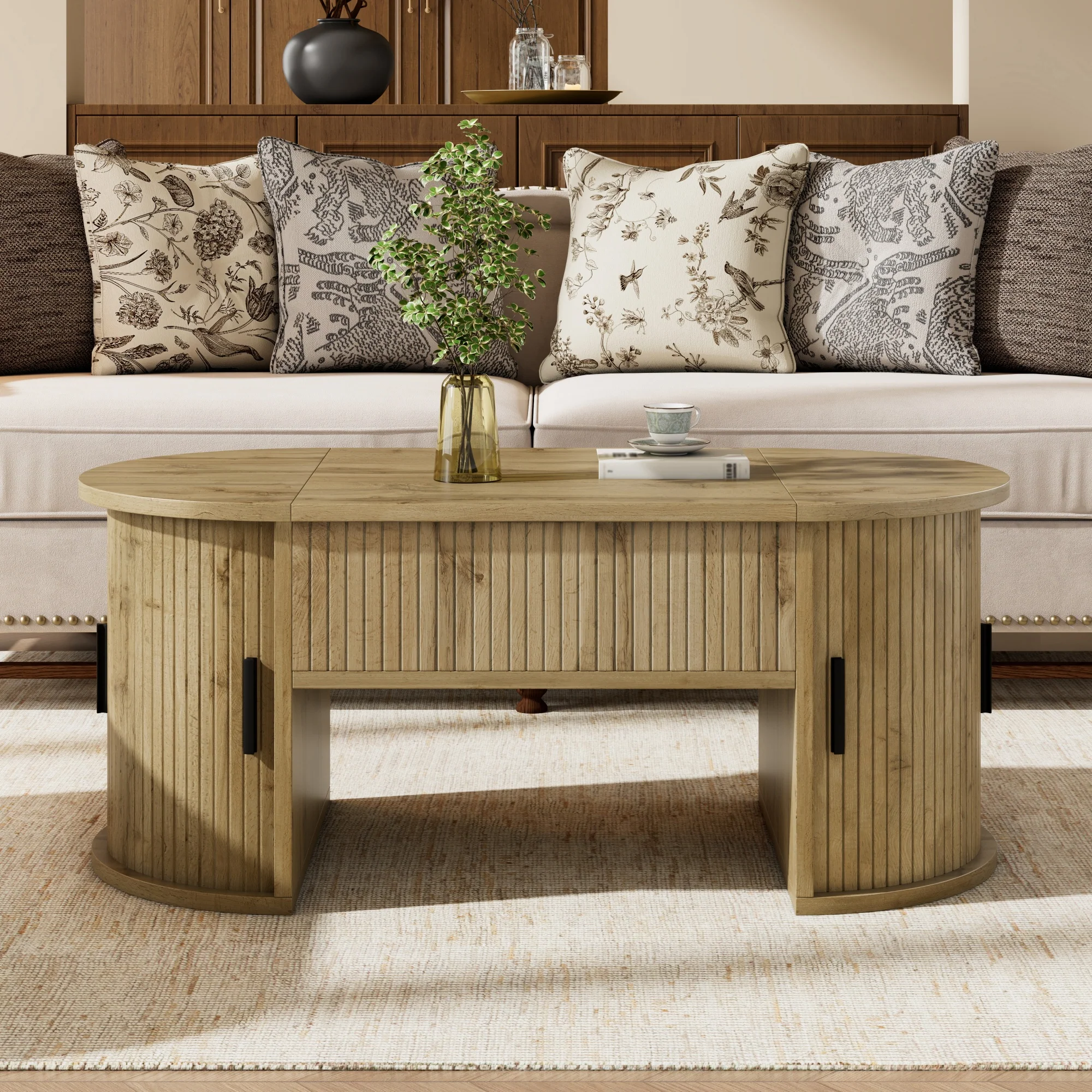 Modern Height-Adjustable Coffee Table with Hidden Storage and Sliding Doors, Wood - Image 5