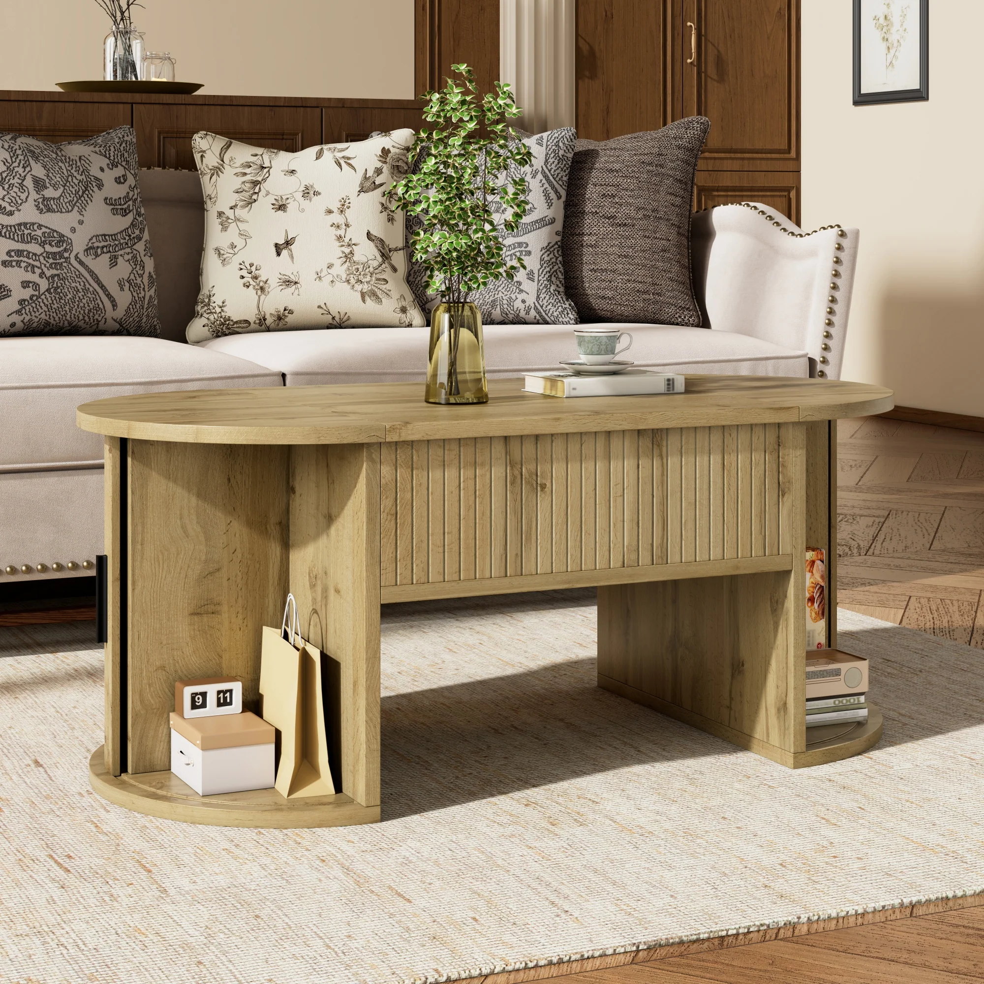 Modern Height-Adjustable Coffee Table with Hidden Storage and Sliding Doors, Wood - Image 6