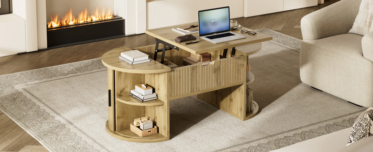 Modern Height-Adjustable Coffee Table with Hidden Storage and Sliding Doors, Wood - Image 7