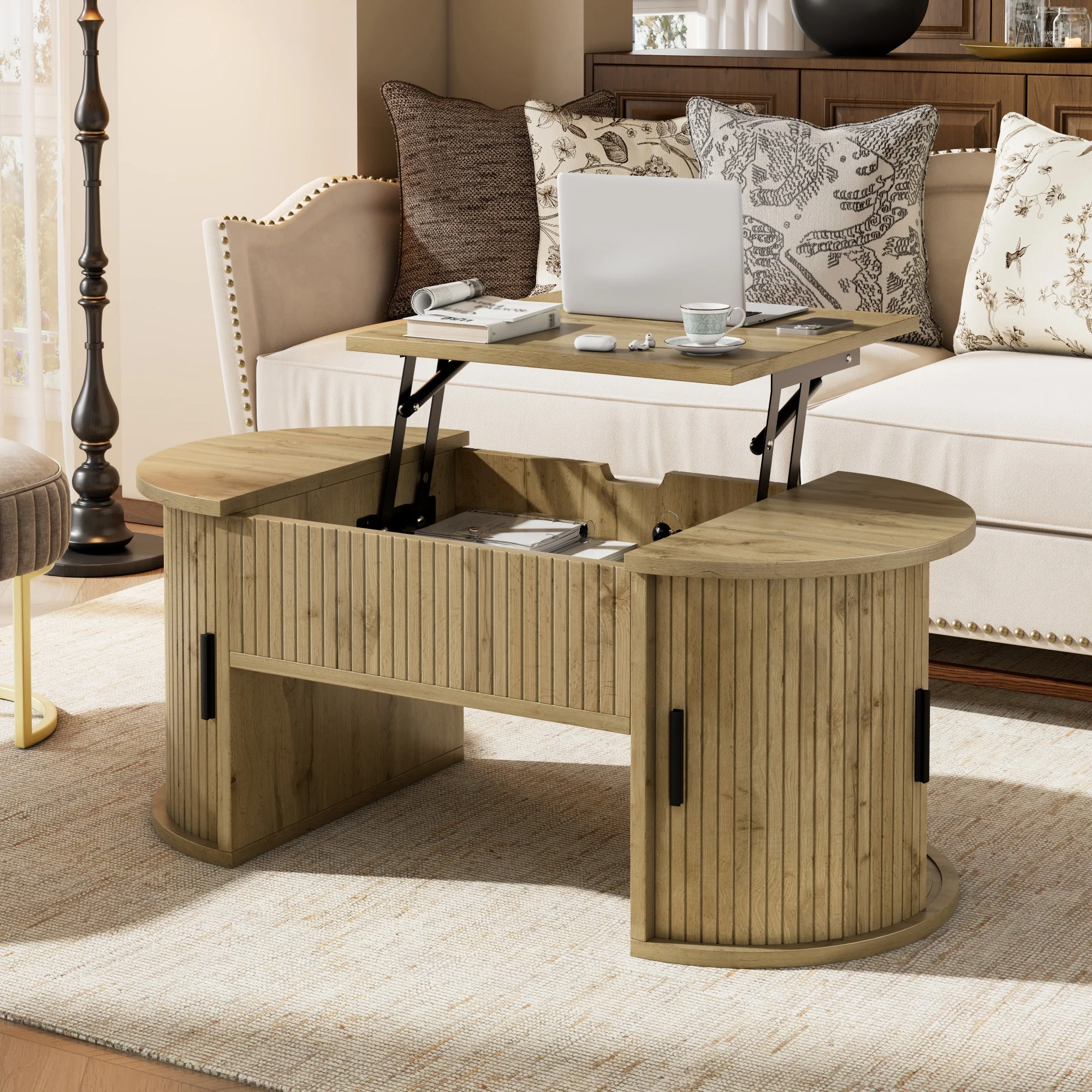 Modern Height-Adjustable Coffee Table with Hidden Storage and Sliding Doors, Wood - Image 8