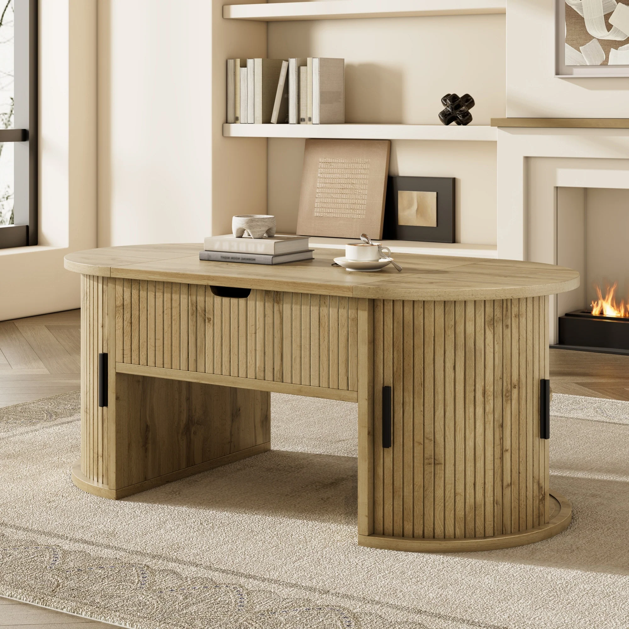 Modern Height-Adjustable Coffee Table with Hidden Storage and Sliding Doors, Wood - Image 9