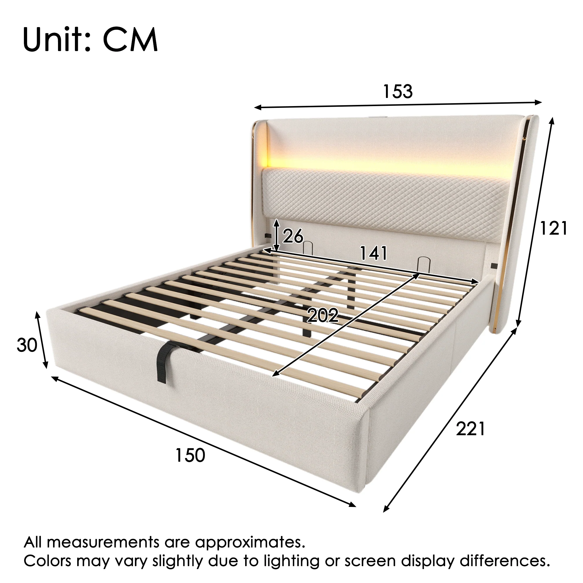 Modern Hydraulic Bed 140x200cm LED Storage USB/Type-C, Linen Look Beige - Image 2