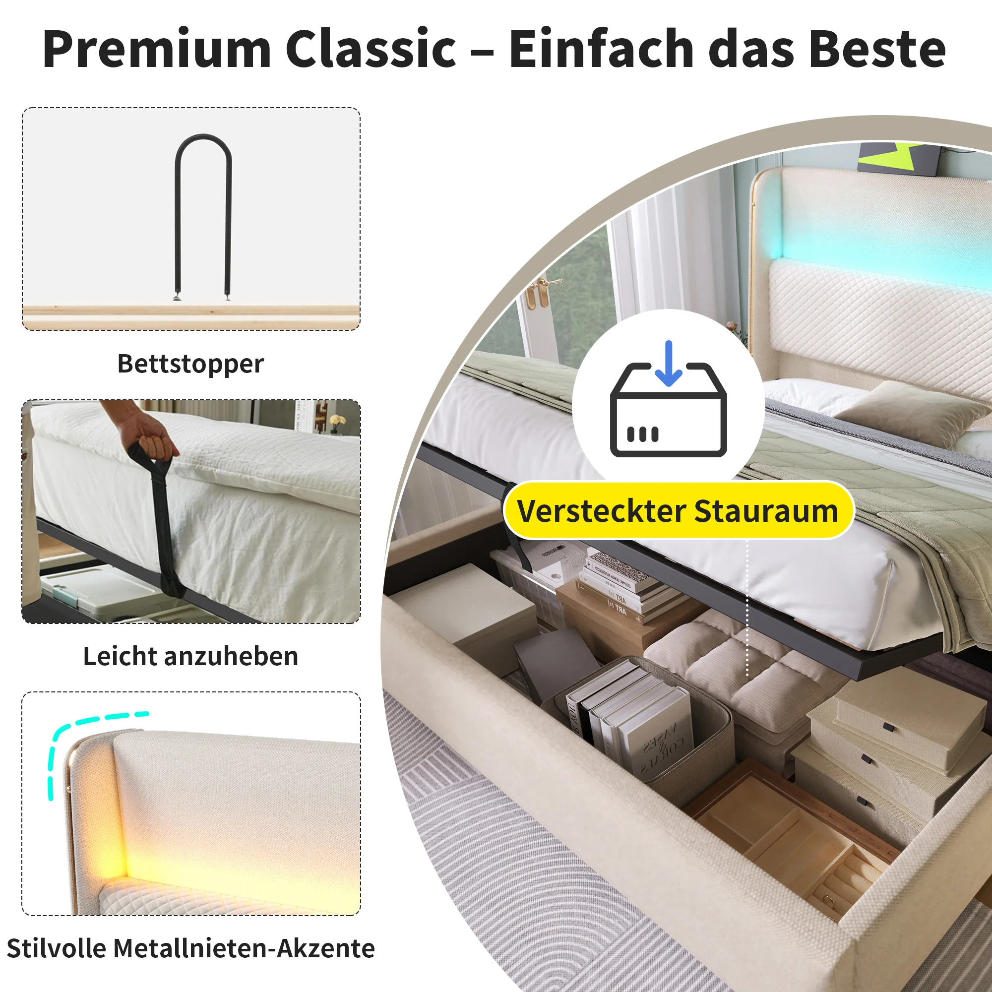 Modern Hydraulic Bed 140x200cm LED Storage USB/Type-C, Linen Look Beige - Image 4