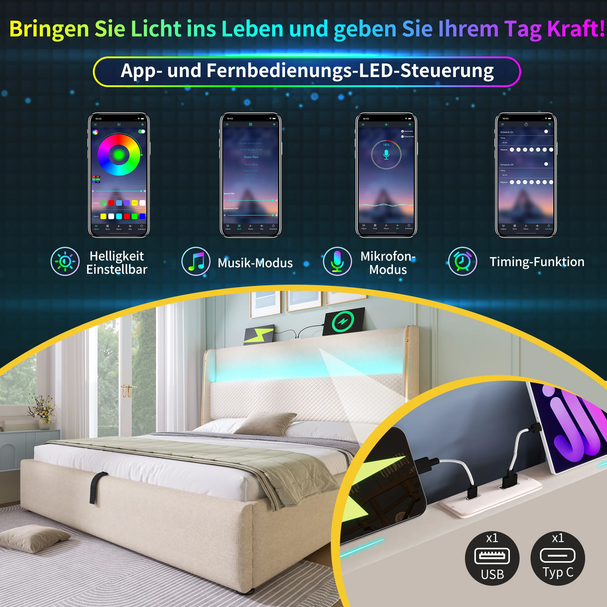 Modern Hydraulic Bed 140x200cm LED Storage USB/Type-C, Linen Look Beige - Image 5