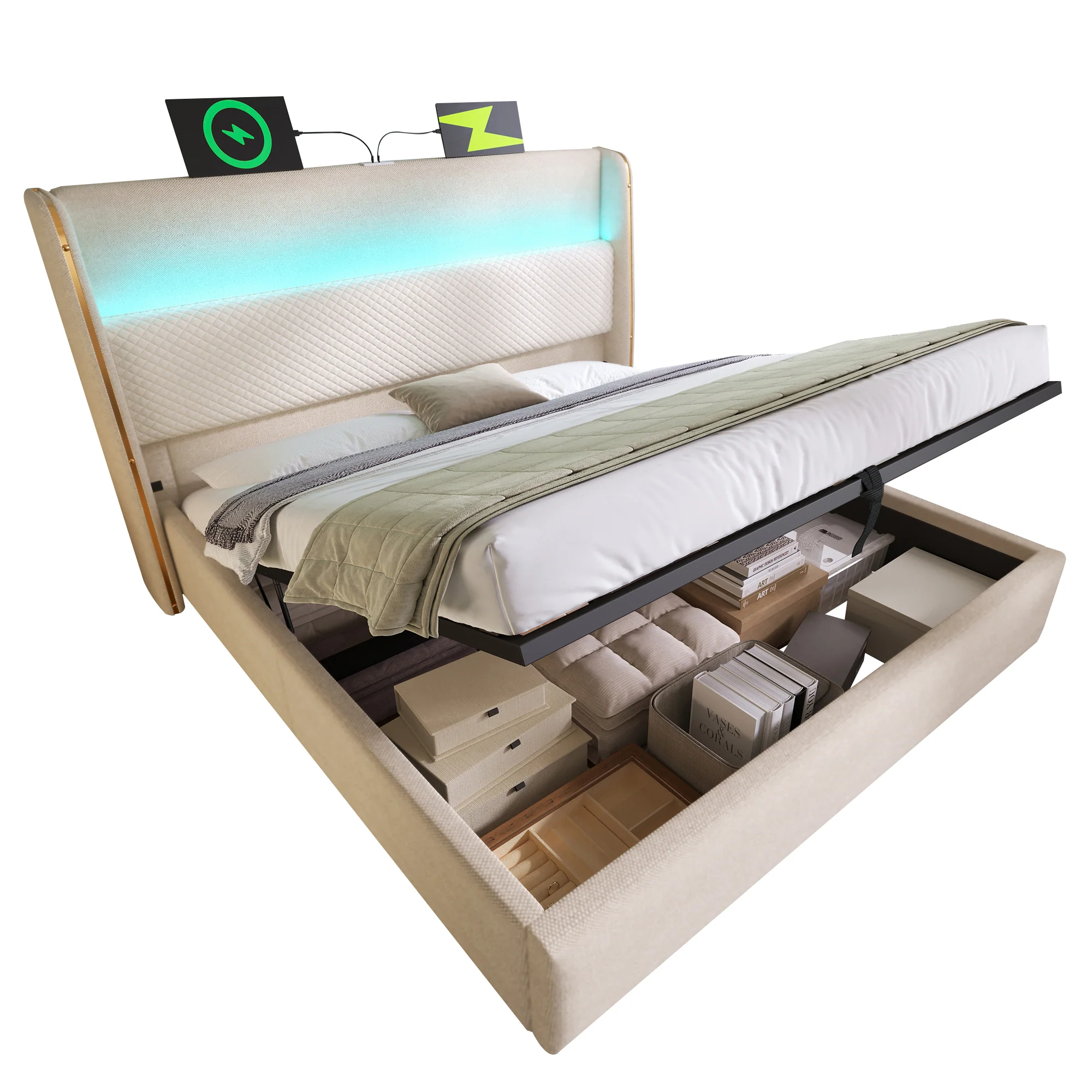 Modern Hydraulic Bed 140x200cm LED Storage USB/Type-C, Linen Look Beige - Image 7