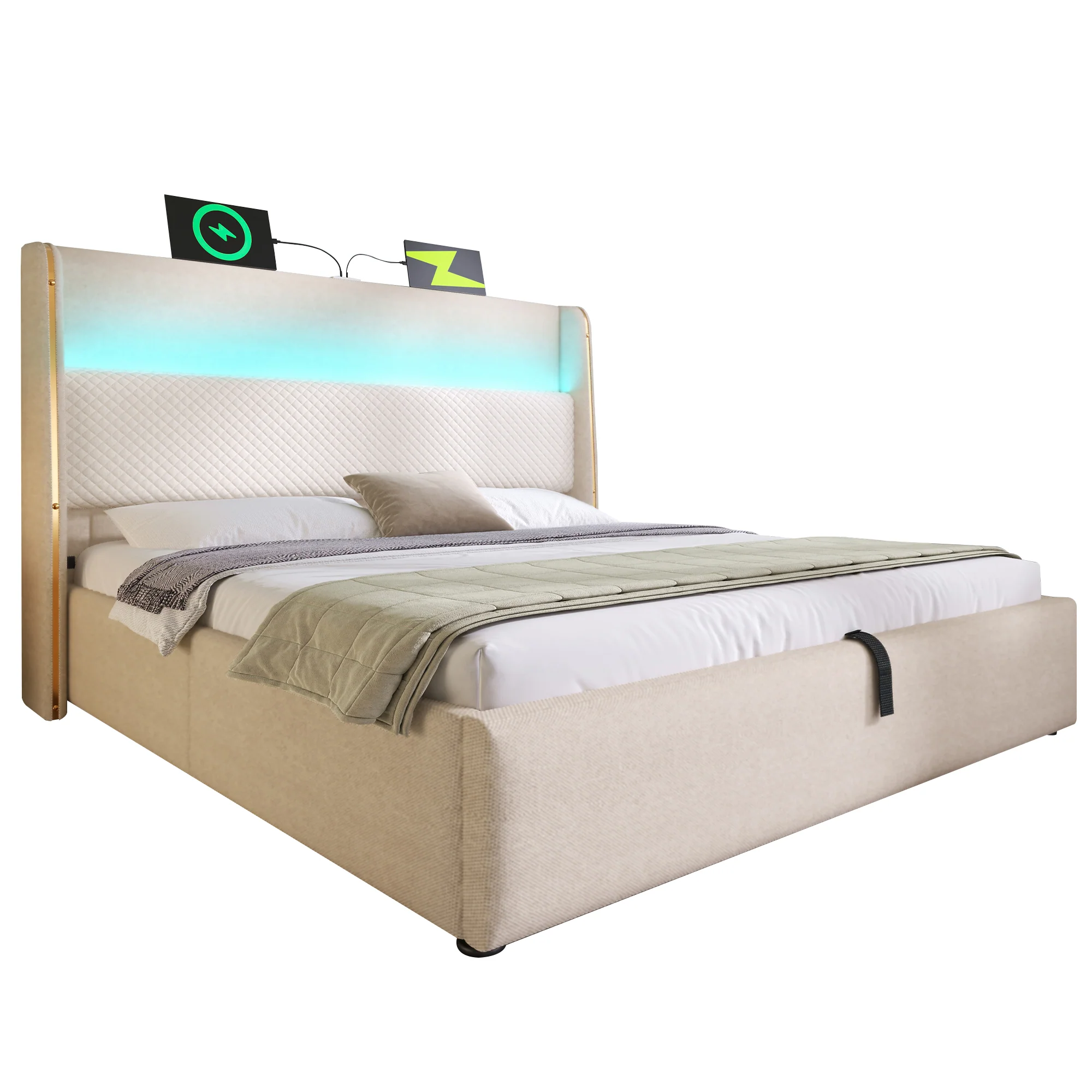 Modern Hydraulic Bed 140x200cm LED Storage USB/Type-C, Linen Look Beige - Image 8