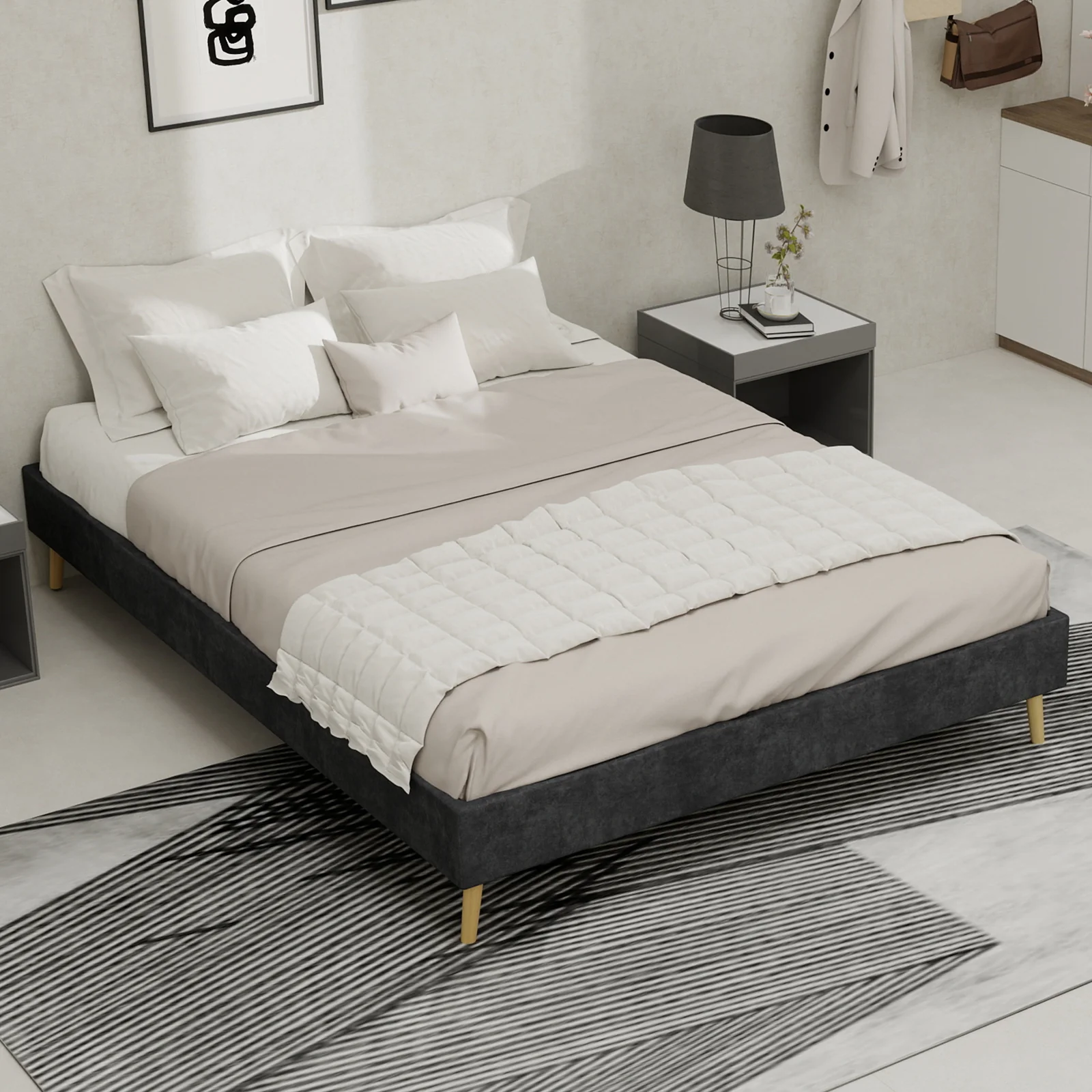 Modern Minimalist Bed Frame 140x200cm Low-Profile Base Grey Dutch Velvet